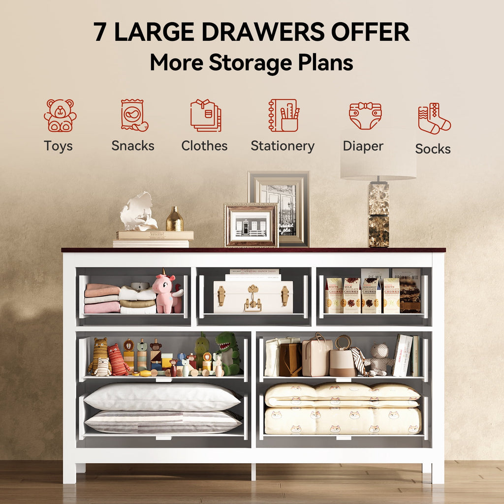GALAXHERO Farmhouse Dresser for Bedroom, 51.18'' Wide 7 Drawer Wood Dresser, TV Stand for 65 inch TV, Wooden Chest of Drawers for Bedroom, Modern Clothes Organizer for Living Room, Hallway