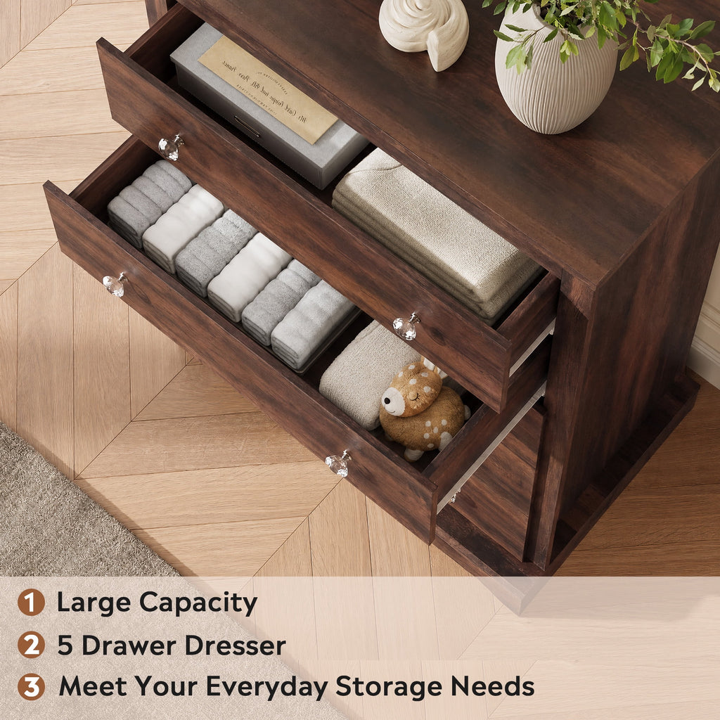 GALAXHERO 5 Drawer Dresser for Bedroom, Retro Wood Chest of Drawers, Tall Dresser with Round Metal Handle for Living Room, Hallway, Closet