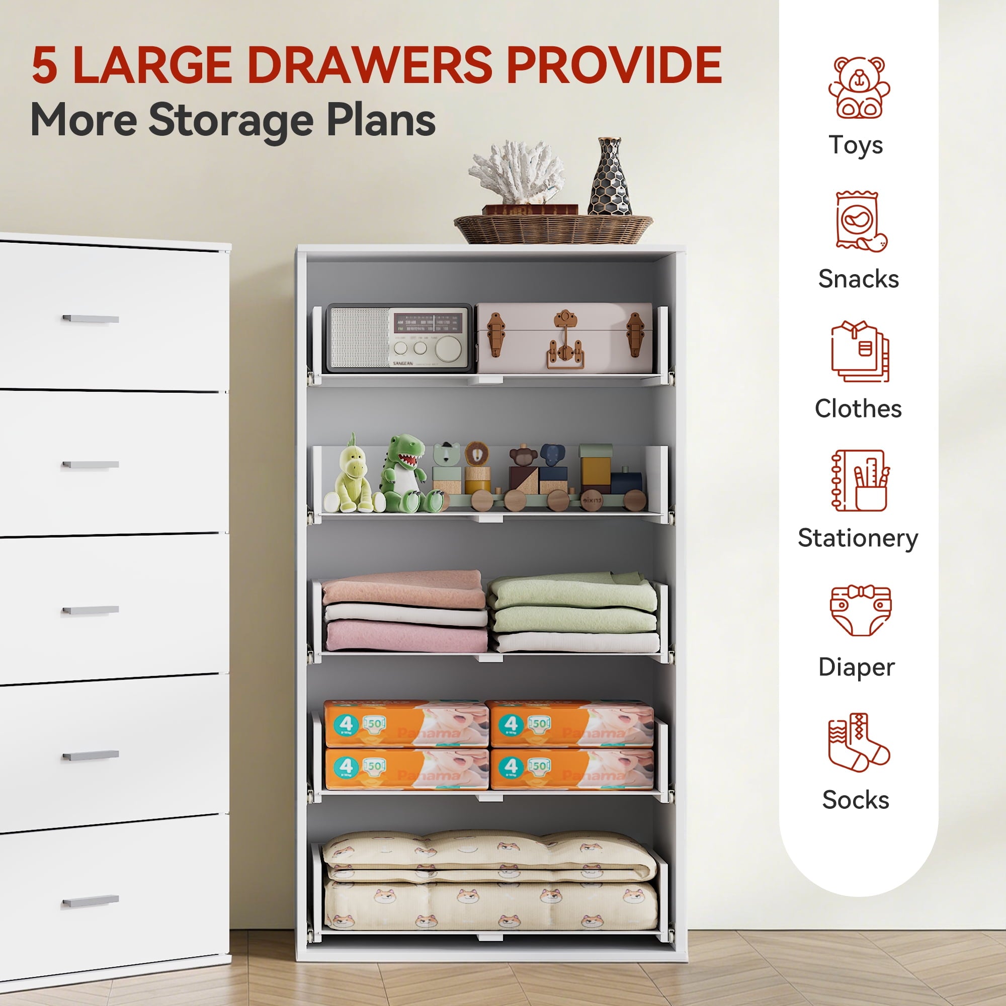 GALAXHERO 5 Drawers Dresser, Chest of Drawers for Bedroom, Tall Wood Storage Cabinet with Metal Handle for Living Room, Closet, Hallway