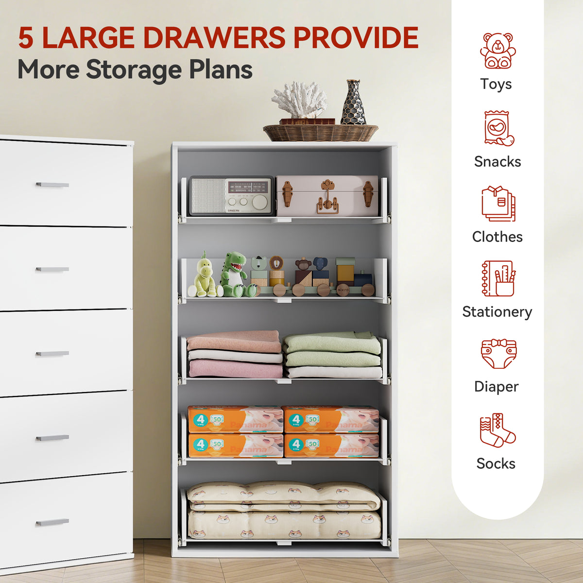 GALAXHERO 5 Drawers Dresser, Chest of Drawers for Bedroom, Tall Wood Storage Cabinet with Metal Handle for Living Room, Closet, Hallway