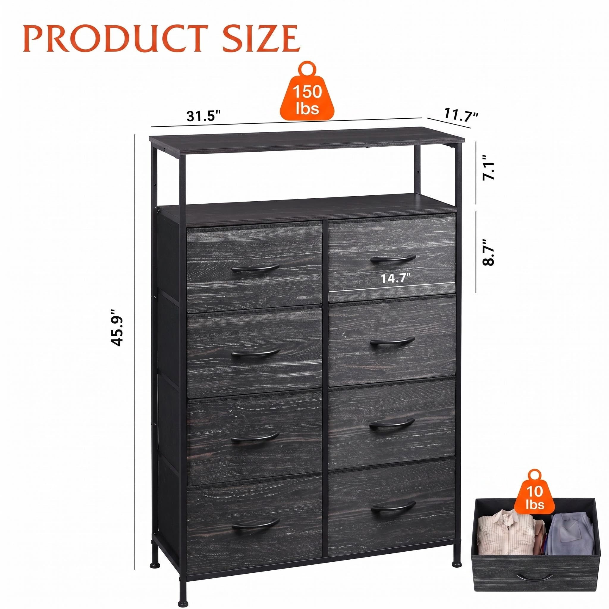 GALAXHERO 8-Drawer Fabric Dresser with Open Shelves, Tall Chest of Drawers with Wooden Top, Storage Tower for Entryway, Bedroom & Closet