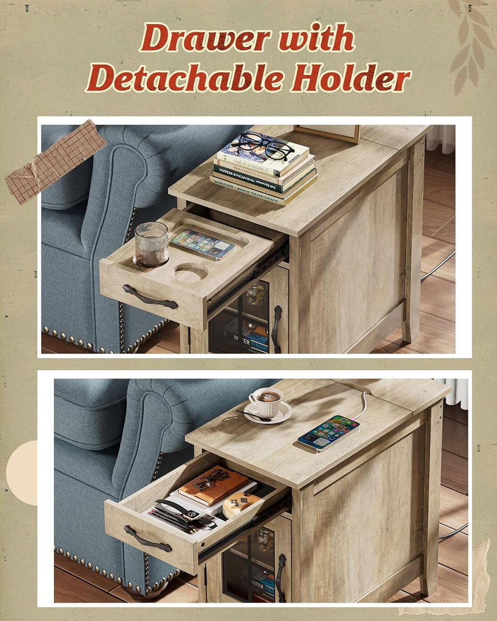 GALAXHERO End Table with Charging Station Narrow Side Table for Living Room with Storage, Small Wooden Cabinet Nightstand with USB Ports and Outlets