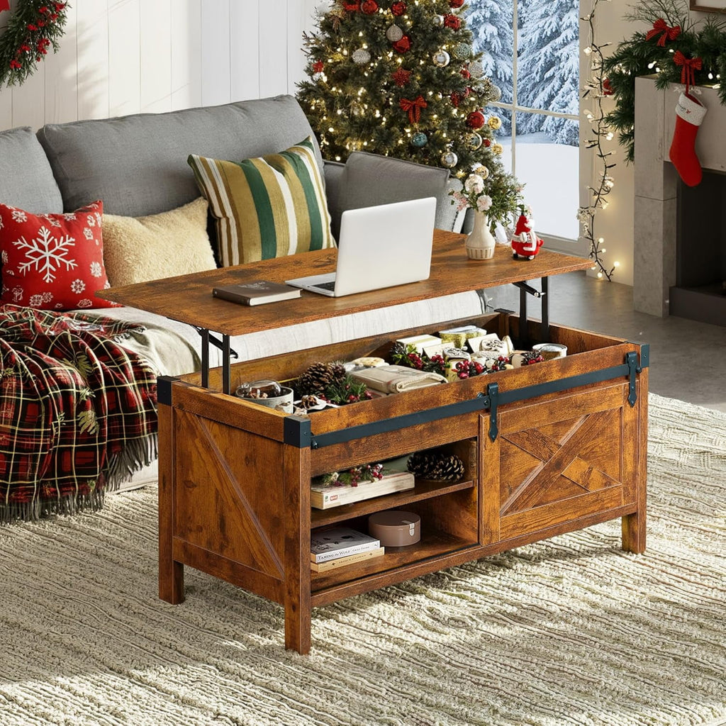GALAXHERO 39.4" Farmhouse Large Coffee Table Lift Top Coffee Table with Hidden Storage Compartment Sliding Barn Doors Modern Wood Center Table for Living Room