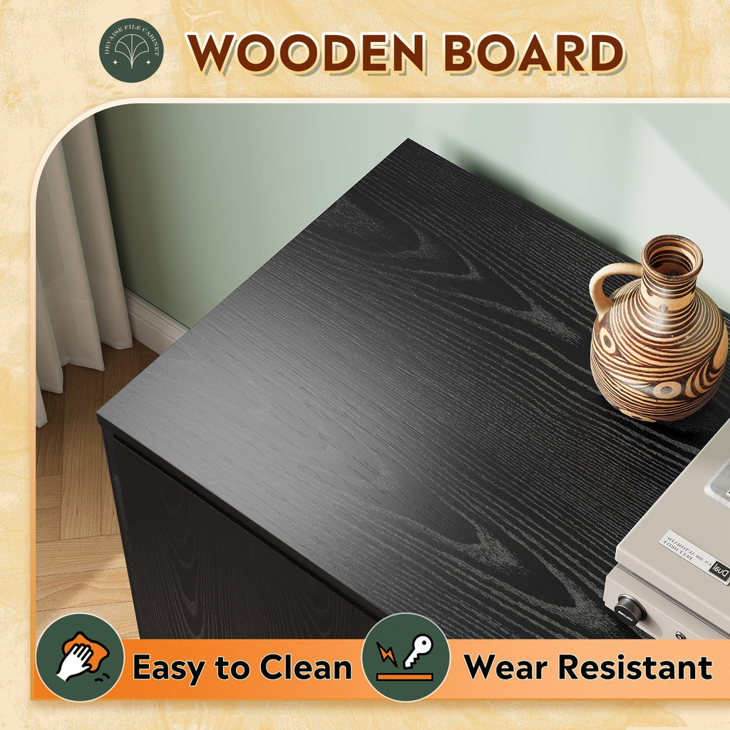 GALAXHERO Office File Cabinet with Lock, 1-Drawer Wood Lateral Filing Cabinet on Wheels, Printer Stand with Open Storage Shelves for Home Office, Black