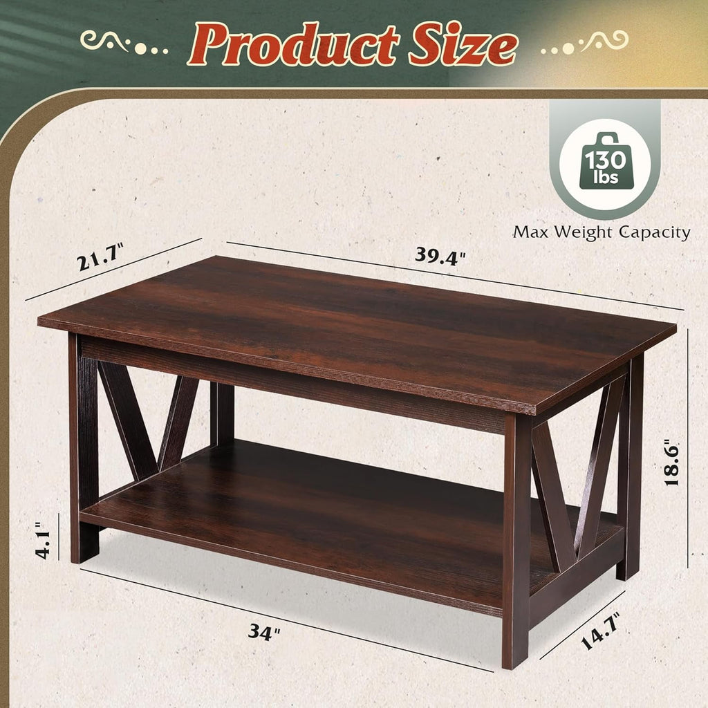 GALAXHERO 39.4" Coffee Table with Storage Shelf Farmhouse Coffee Table with V-Frame Support 2-Tier Wood Rustic Center Table for Living Room, Bedroom & Balcony