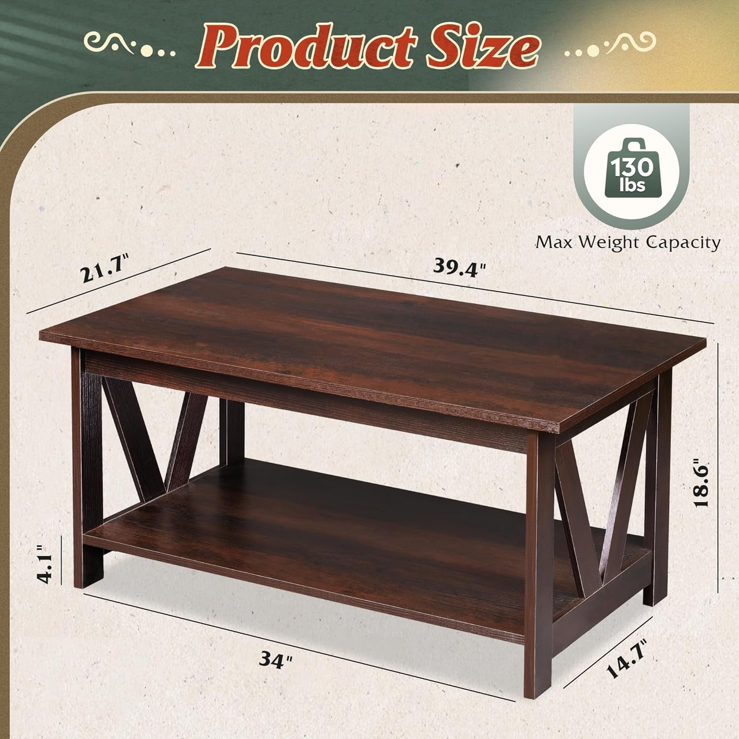 GALAXHERO 39.4" Coffee Table with Storage Shelf Farmhouse Coffee Table with V-Frame Support 2-Tier Wood Rustic Center Table for Living Room, Bedroom & Balcony