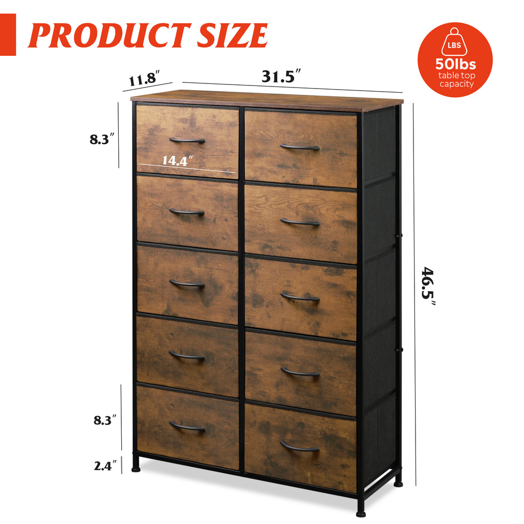 GALAXHERO Tall Dresser 10 Fabric Drawers, Storage Tower with Cabinet, Metal Frame, Wooden Top, Organizer Units for Bedroom, Living Room, Closet, Clothing