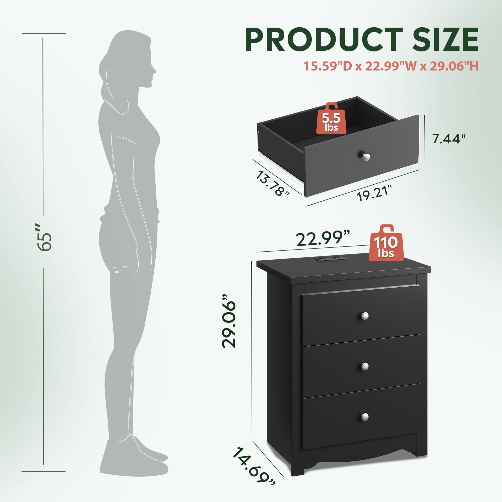 GALAXHERO Tall Nightstand with Charging Station, Nightstand with 3 Drawers, Wood Bedside Table for Bedroom, End Side Table for Living room and Dorm