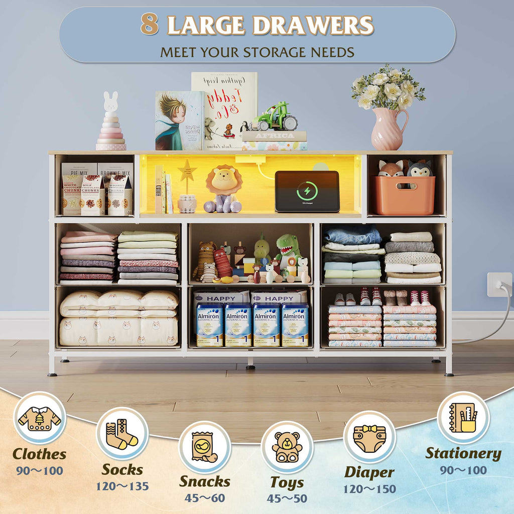 GALAXHERO 8-Drawer Dressers for Bedroom, Dresser TV Stand for 55'' TV with LED Lights and Power Outlets, Fabric Chest of Drawers for Living Room, Entryway