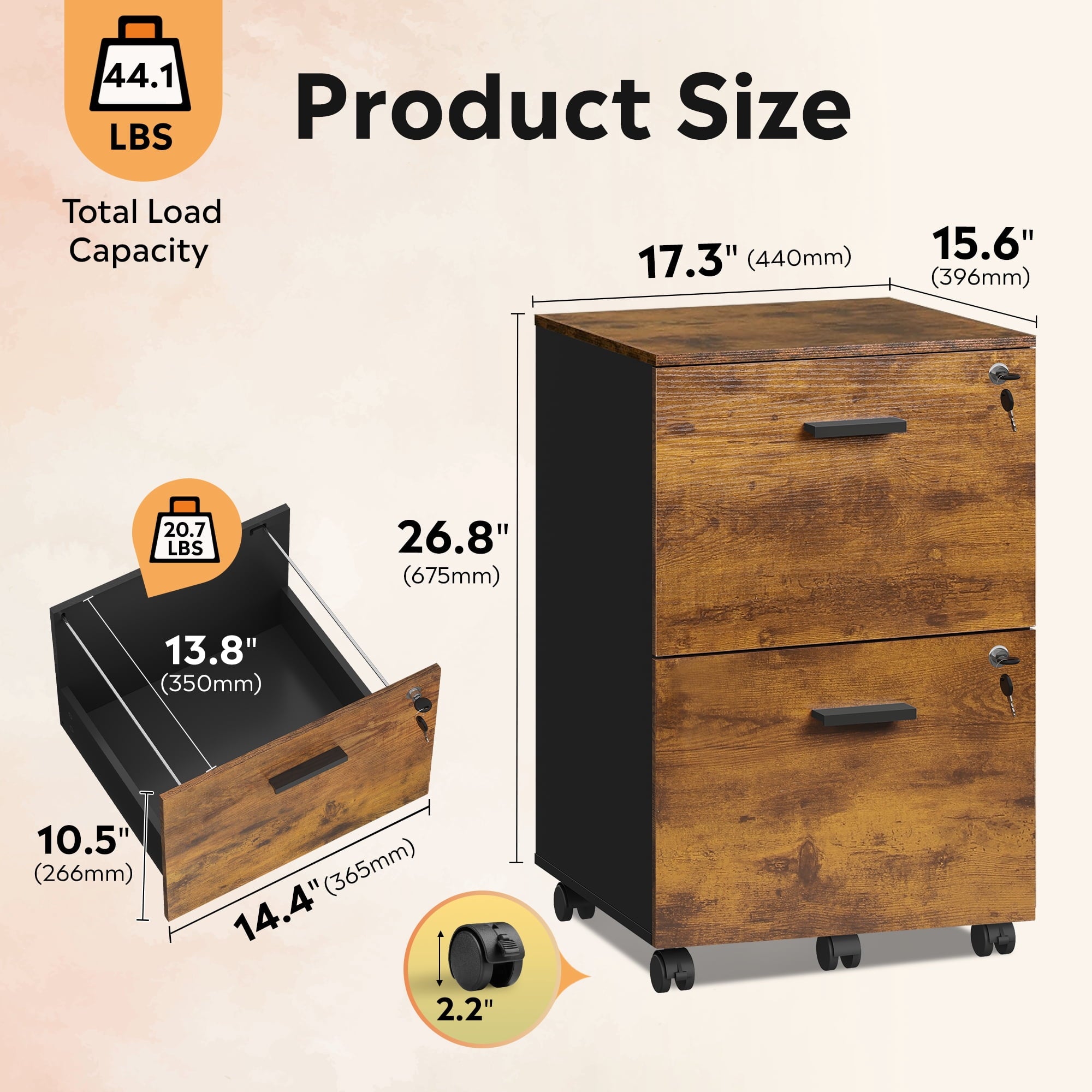 GALAXHERO 2 Drawer Filing Cabinet with Lock, Wooden Printer Stand with Storage for Home Office, Mobile Locking File Cabinet Fits Letter/A4 Hanging Files