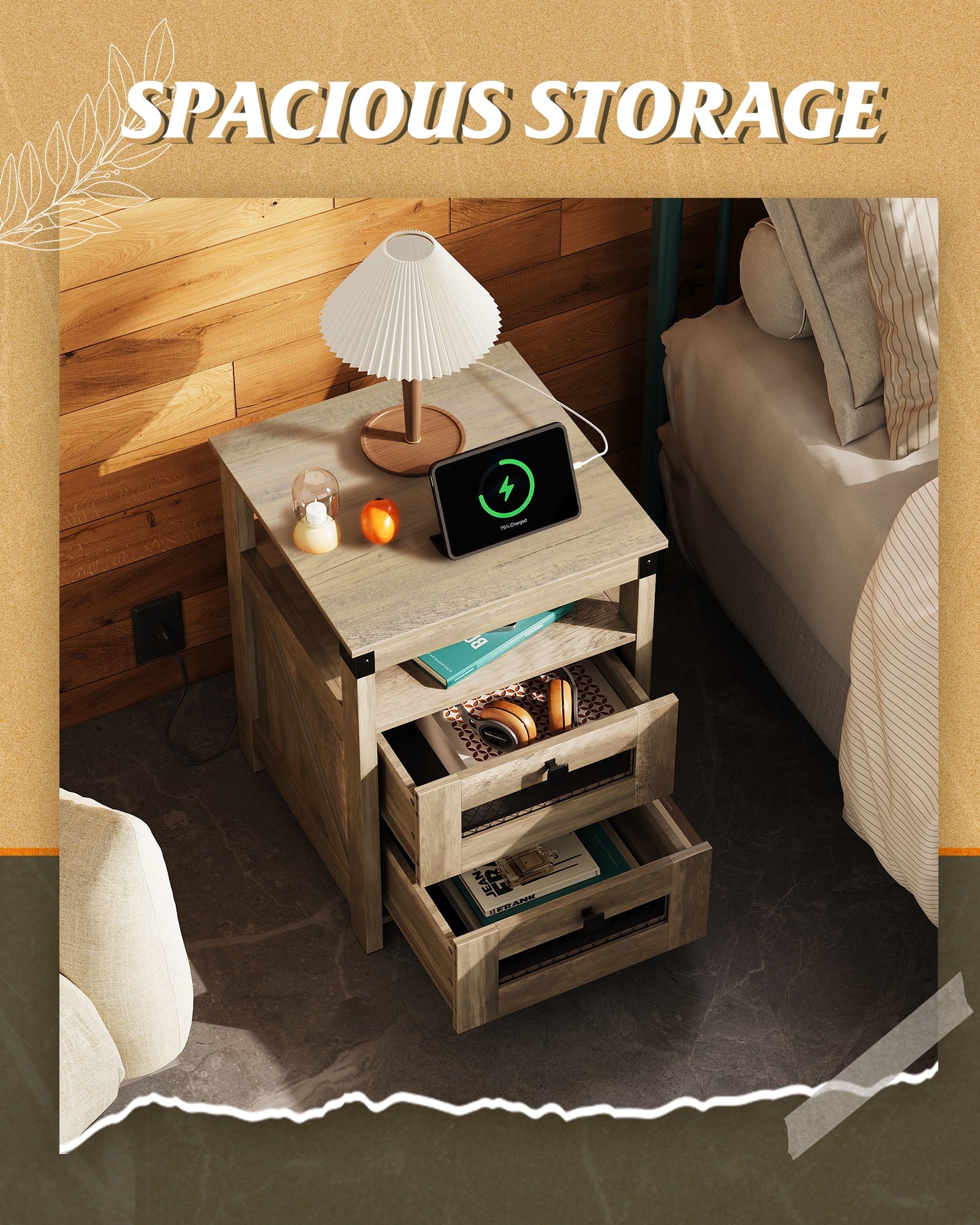 GALAXHERO Nightstand with Charging Station, Farmhouse End Table, Bed Side Table with 2 Storage Drawers and Open Shelf, Wood Rustic Nightstands for Bedroom