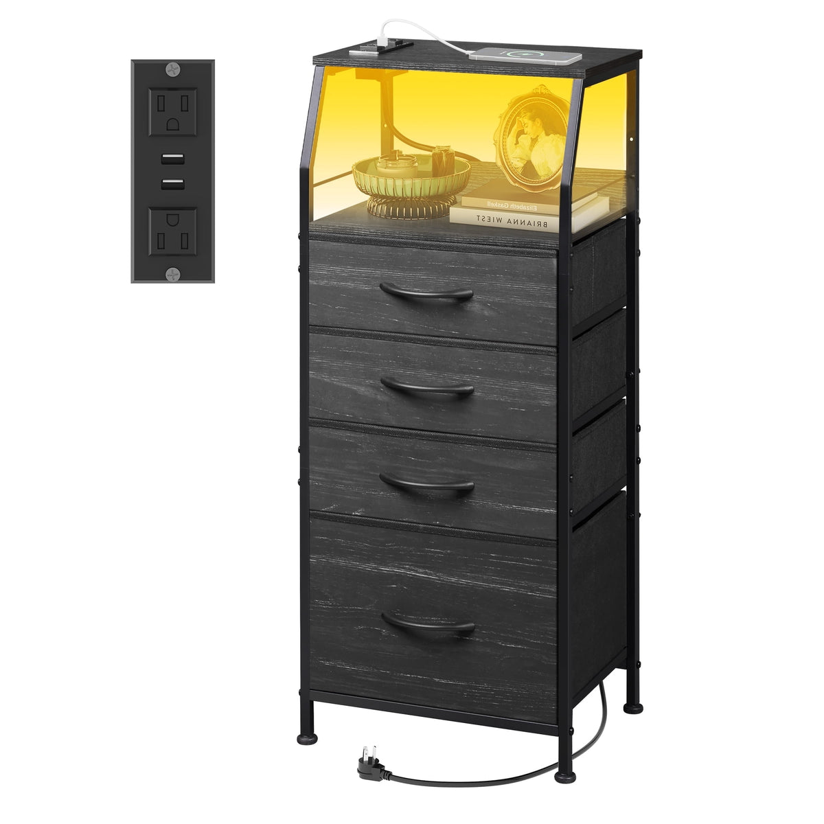 GALAXHERO 4 Drawer Dresser for Bedroom, Nightstand with Charging Station and LED, Tall Bedside Table with Storage Shelfs
