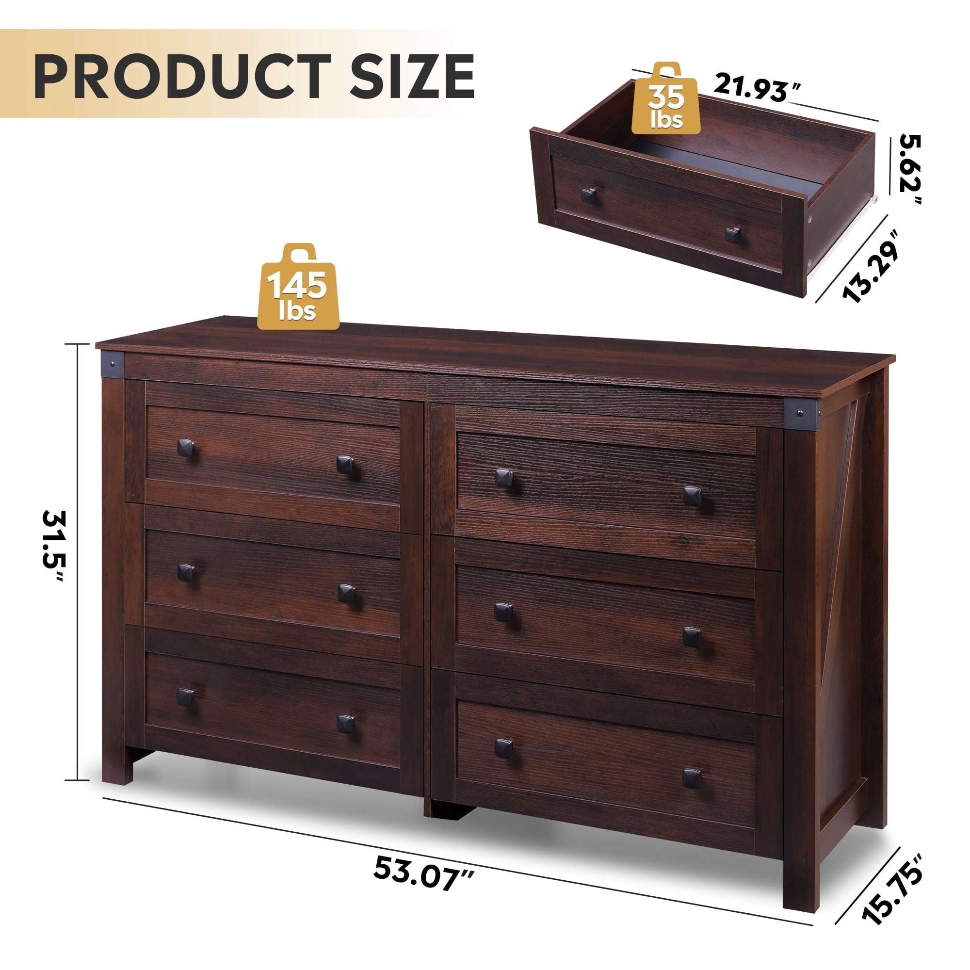 GALAXHERO Farmhouse 6 Drawer Dresser, Wood Dresser with Double Rustic Handles, TV Stand for 60" TV for Living Room, 53.07'' Wide Chest of Drawers for Bedroom, Hallway