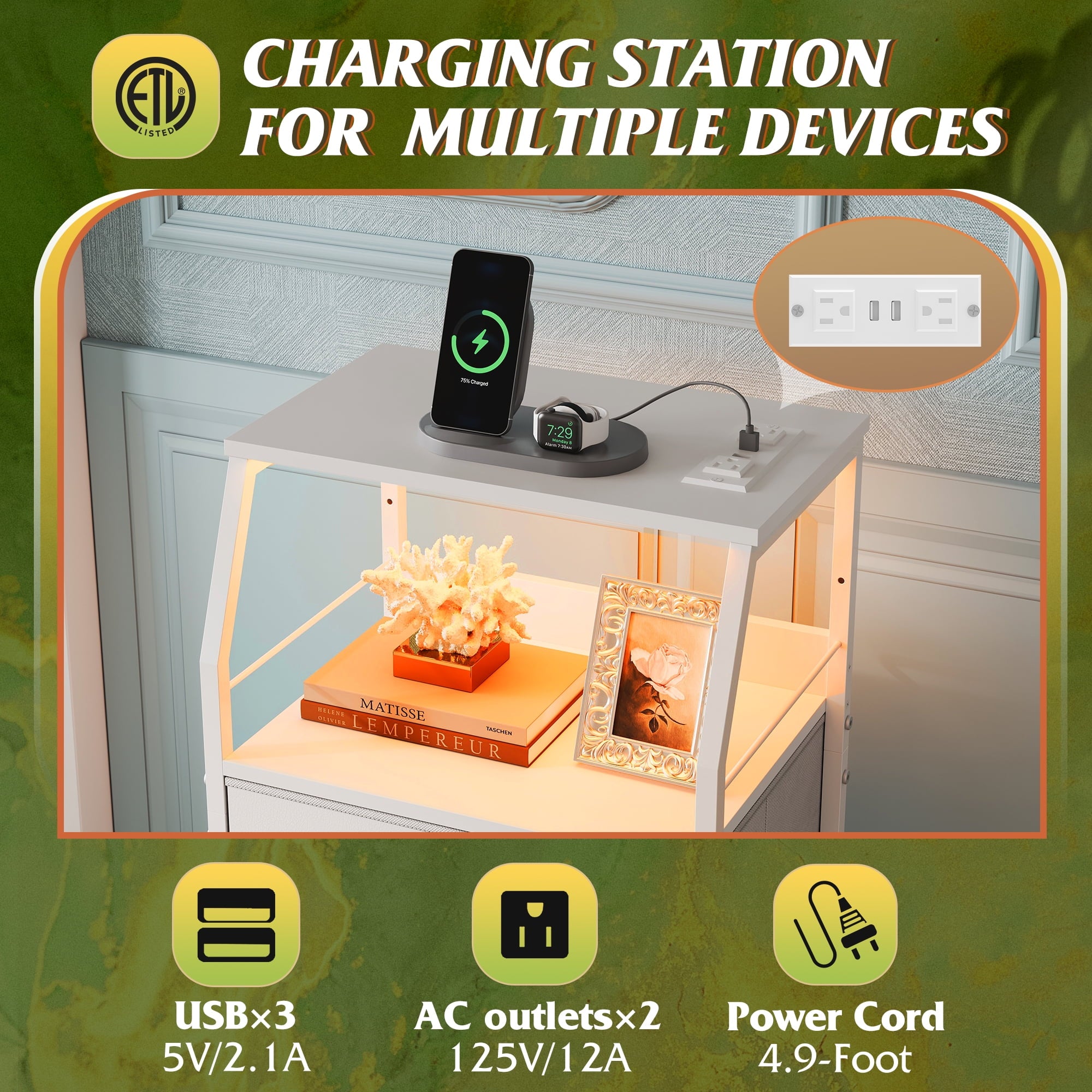 GALAXHERO Nightstand with Charging Station and LED, White Tall Night Stand, 4 Drawers Bedside Table with Storage Shelfs for Bedroom, Living Room