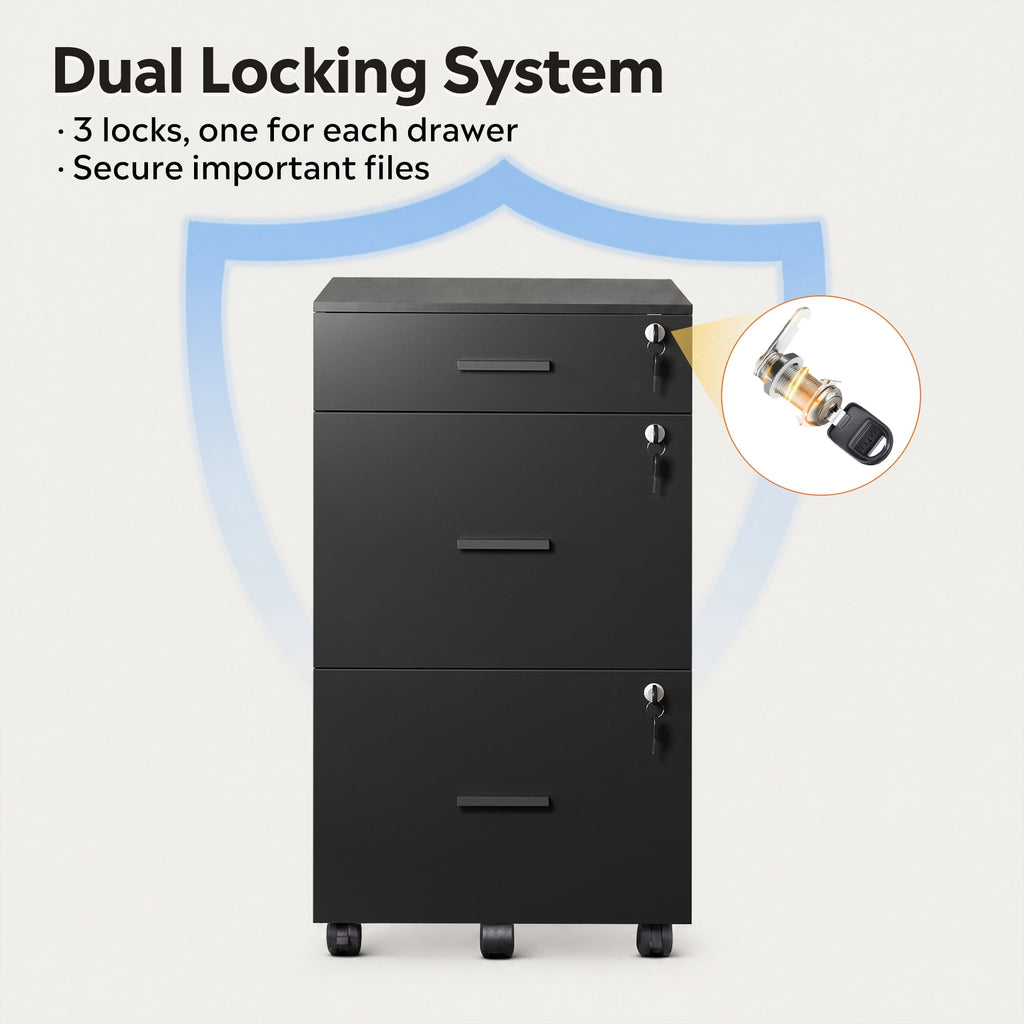 GALAXHERO Filing Cabinet with Lock and Key, 3 Drawer Rolling File Cabinet, Wood Storage Locker, Fits Letter/A4 Size
