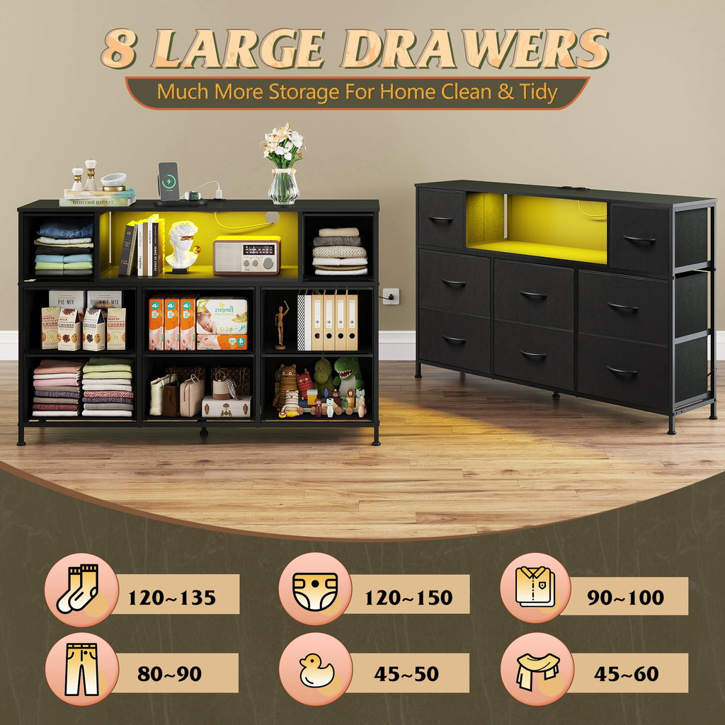GALAXHERO 8-Drawer Dressers for Bedroom, Dresser TV Stand for 55'' TV with LED Lights and Power Outlets, Fabric Chest of Drawers for Living Room, Entryway