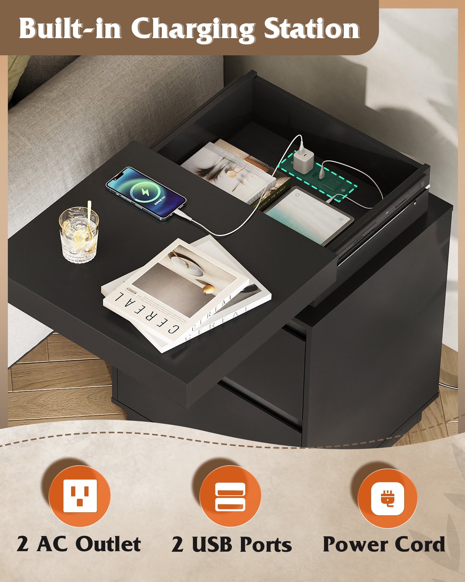 GALAXHERO Nightstand with Charging Station and LED Lights, Modern 2 Drawers Bedside Table with Sliding Top, End Side Table for Bedroom, Living Room
