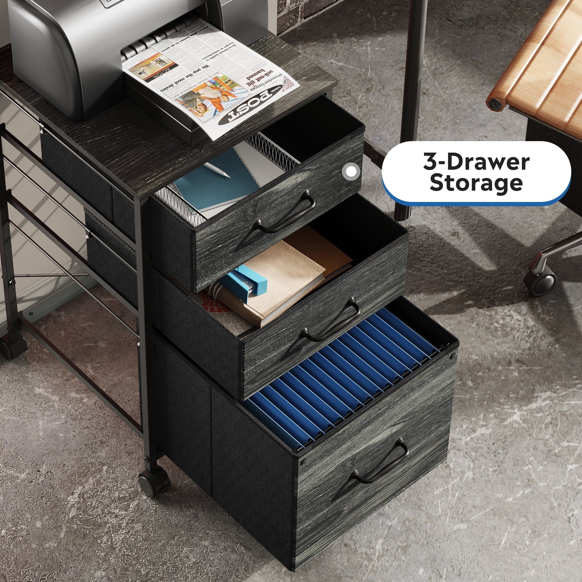 GALAXHERO 3 Drawer File Cabinet, Rolling Printer Stand Filing Cabinets for Home Office, Fabric Vertical File Cabinet Fits A4 or Letter Size