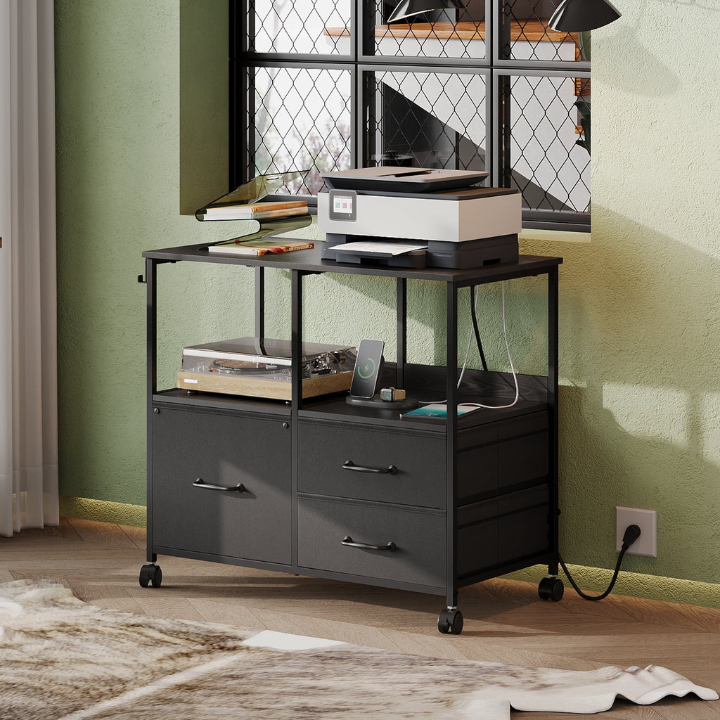 GALAXHERO Printer Cart with Storage Shelf, 3 Drawer File Cabinets Fit Letter/A4 Size, Mobile Printer Stand with Charging Station for Home Office, Black