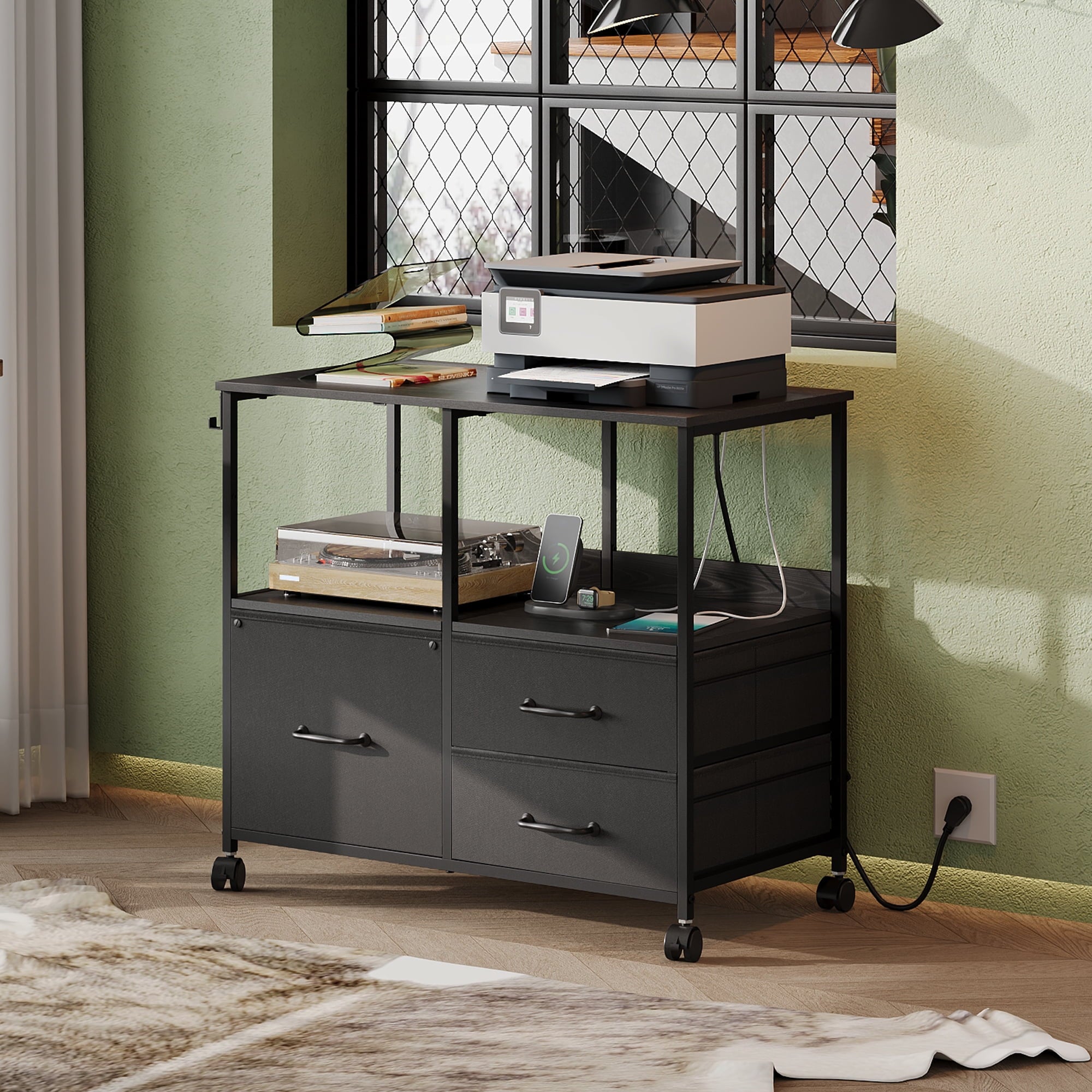 GALAXHERO Printer Cart with Storage Shelf, 3 Drawer File Cabinets Fit Letter/A4 Size, Mobile Printer Stand with Charging Station for Home Office, Black