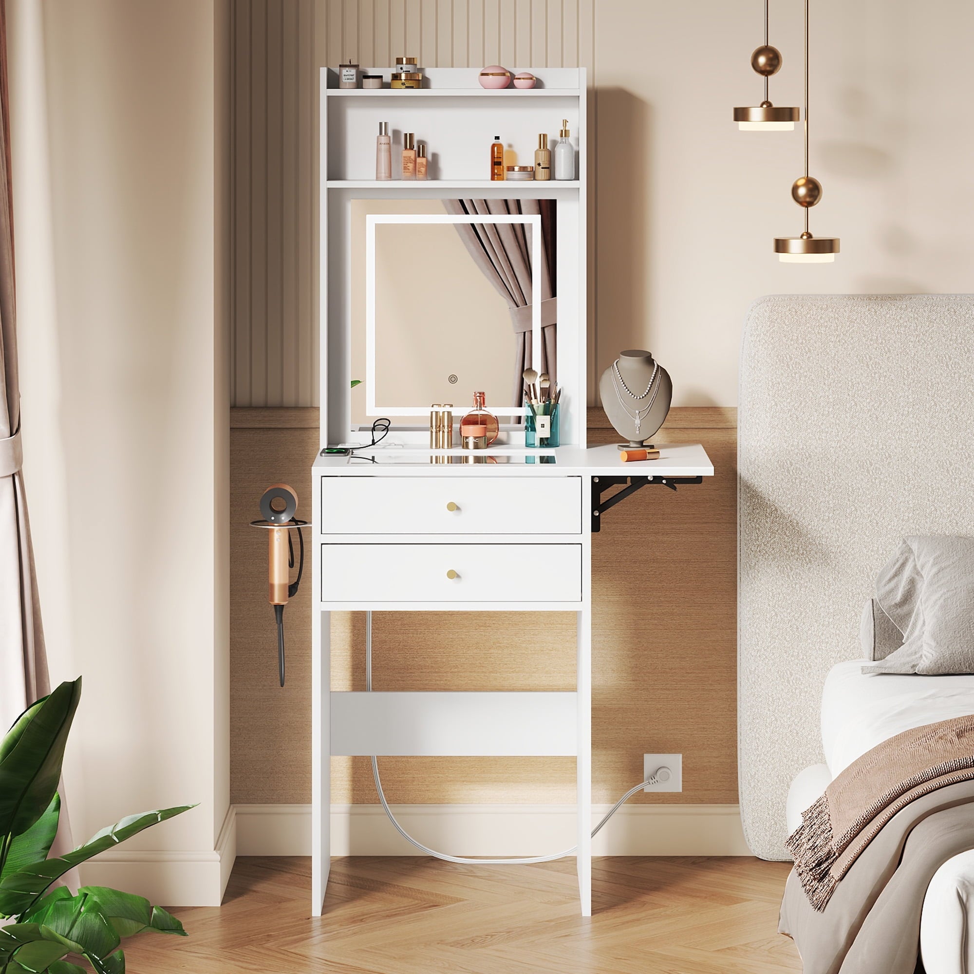 GALAXHERO Vanity Desk with Lighted Mirror and Glass Top, Makeup Vanity Chair with Storage, Fold-up Panel, 2 Drawers Dressing Table for Bedroom, White
