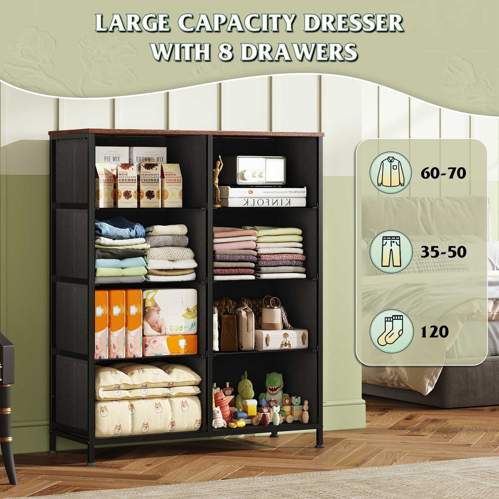 GALAXHERO 8 Drawer Fabric Dresser for Bedroom, Storage Bins Chest of Drawer for Closet, Living Room, Hallway, Wood Grain Print
