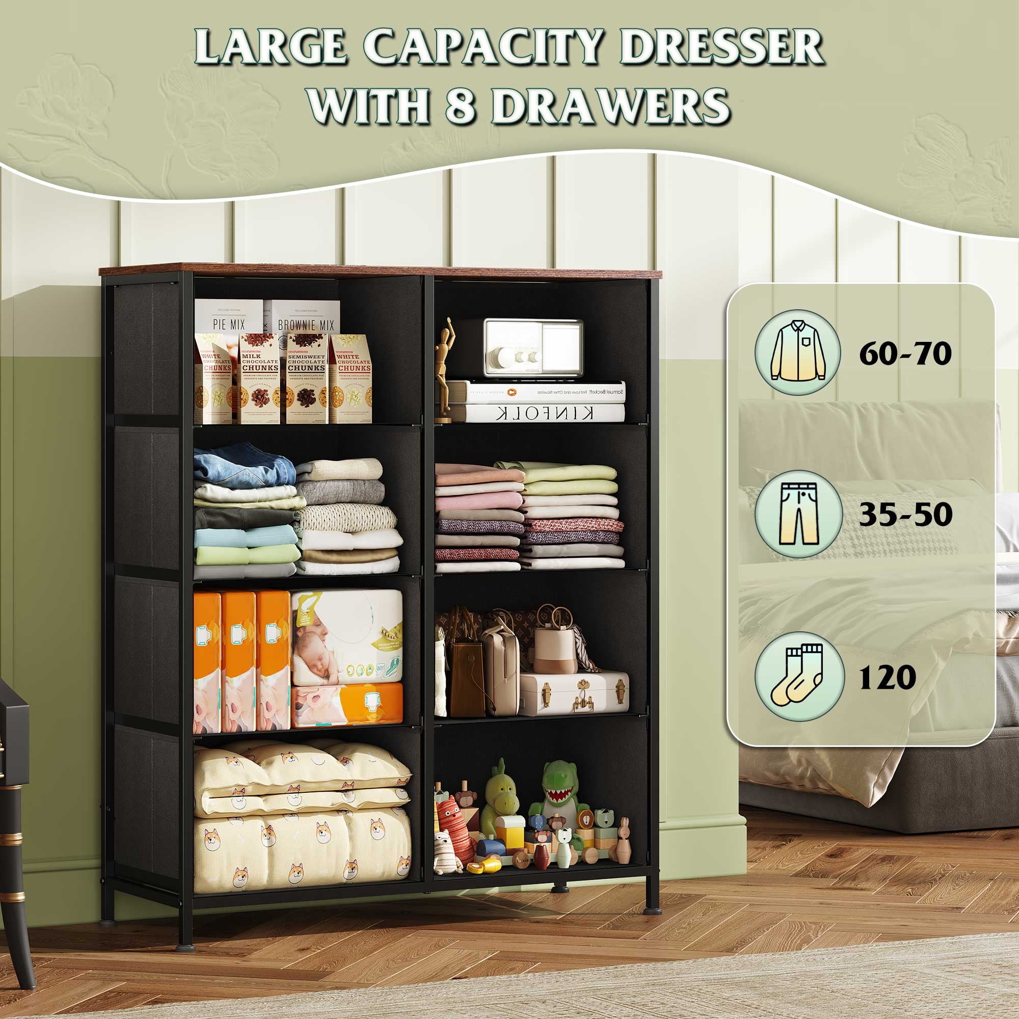 GALAXHERO 8 Drawer Fabric Dresser for Bedroom, Storage Bins Chest of Drawer for Closet, Living Room, Hallway, Wood Grain Print