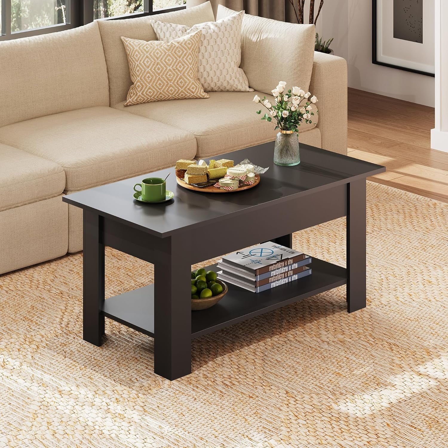 GALAXHERO 39" Lift Top Coffee Table with Storage Shelf & Hidden Compartment and Lifting Top for Home Living Room Office and Reception Room