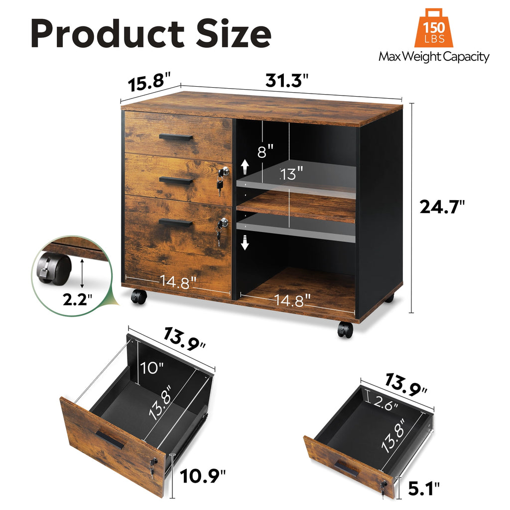 GALAXHERO 3-Drawer File Cabinet with Lock and Key, Mobile Wood Lateral Filing Cabinet & Printer Stand with Open Shelves for Home Office