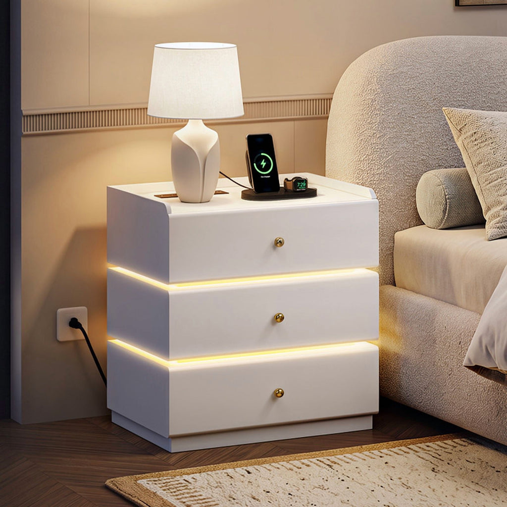 GALAXHERO Nightstand with Charging Station, Smart LED 3-Drawer Tall Bedside Table with Sensor, End Table with Wireless Charging for Bedroom Living Room Dorm