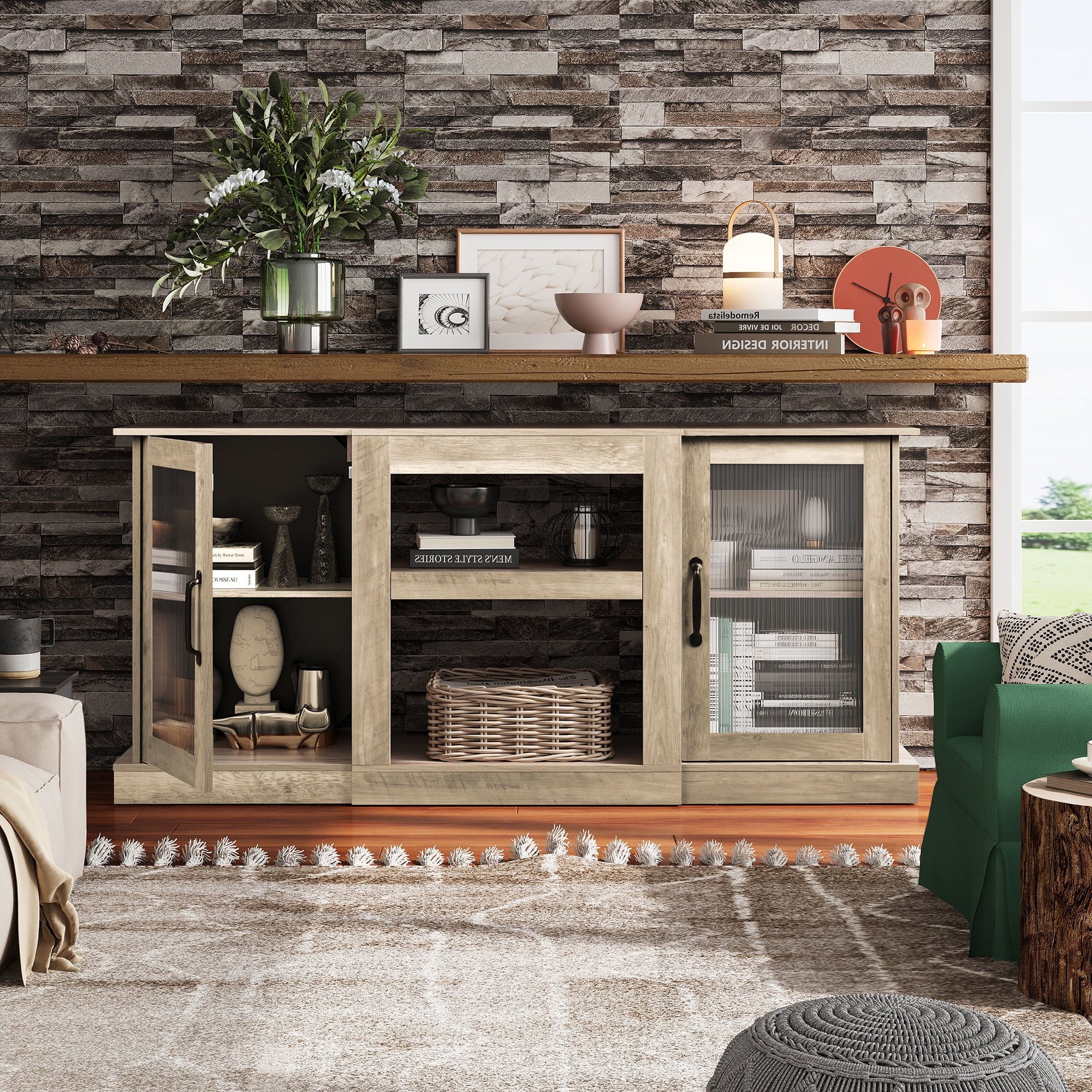 GALAXHERO TV Stand for 65-Inch TV, Retro TV Console Cabinet with Storage and Open Shelves, Entertainment Center for Living Room, Bedroom, Greige