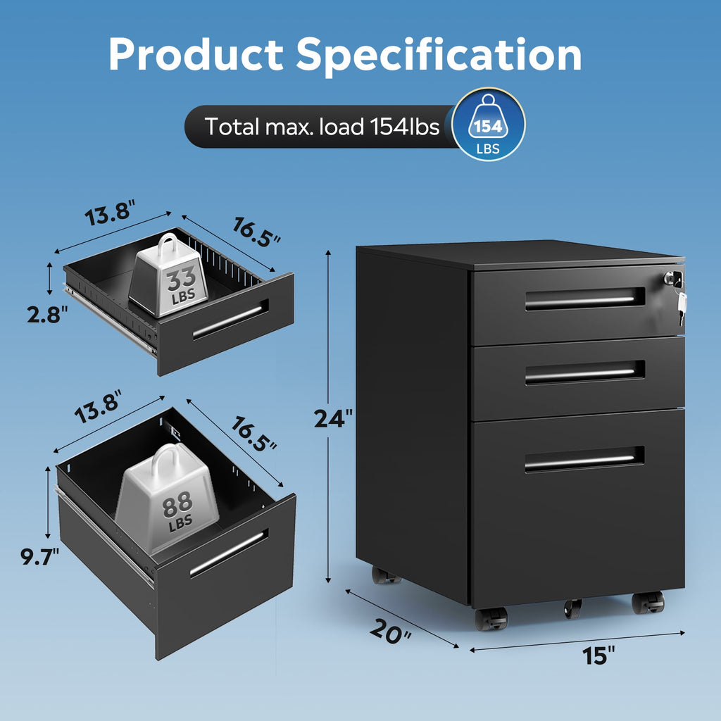 GALAXHERO Small 3-Drawer Mobile Metal File Cabinet (Assembled Except Casters), Under Desk Storage Cabinet with Lock and Key, Fits Letter/Legal/A4 Sizes
