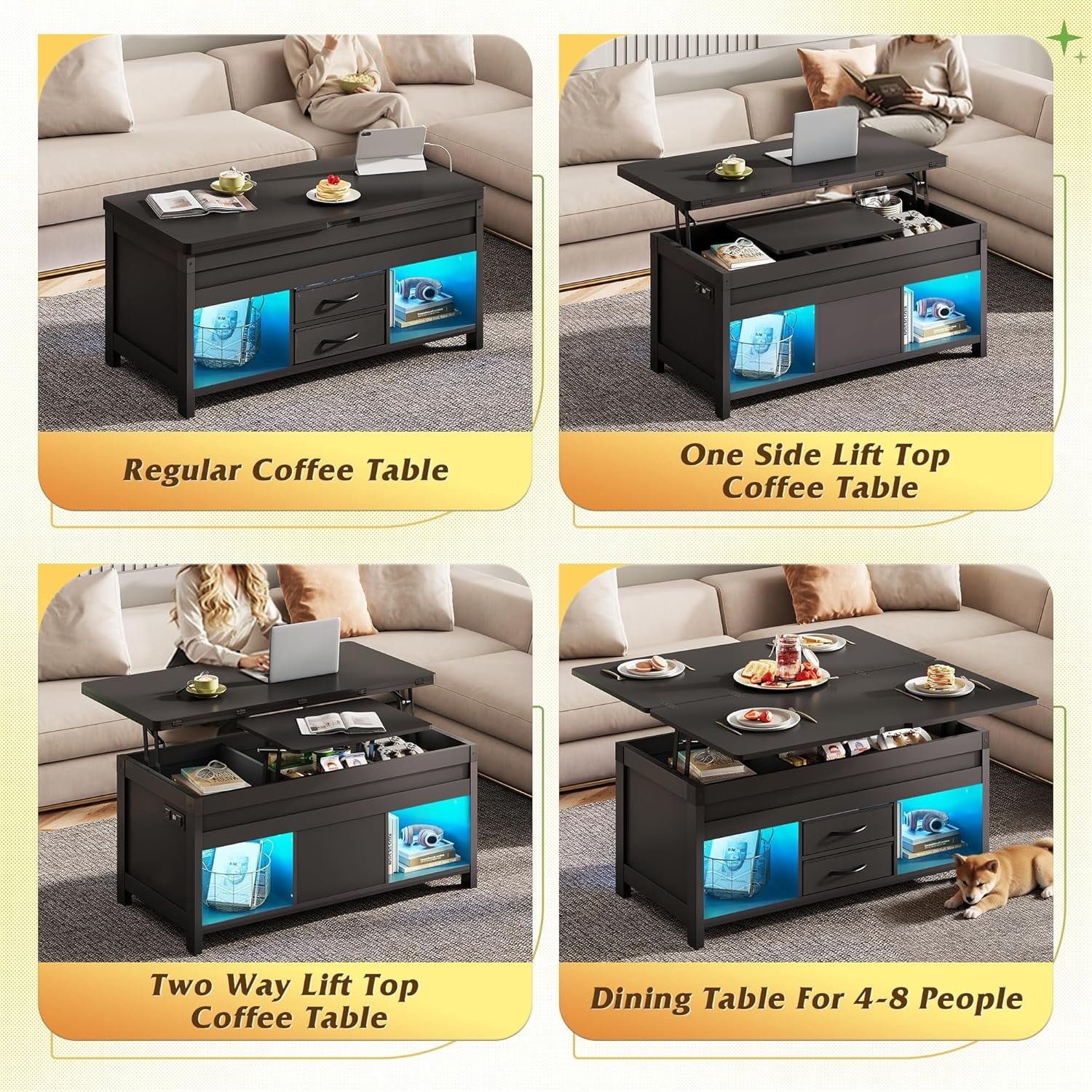GALAXHERO 40" Lift Top Coffee Table with Storage, 4 in 1 Coffee Tables with 2 Fabric Drawers LED Light and USB, Modern Coffee Table with Hidden Compartment for Living Room, Dining Room