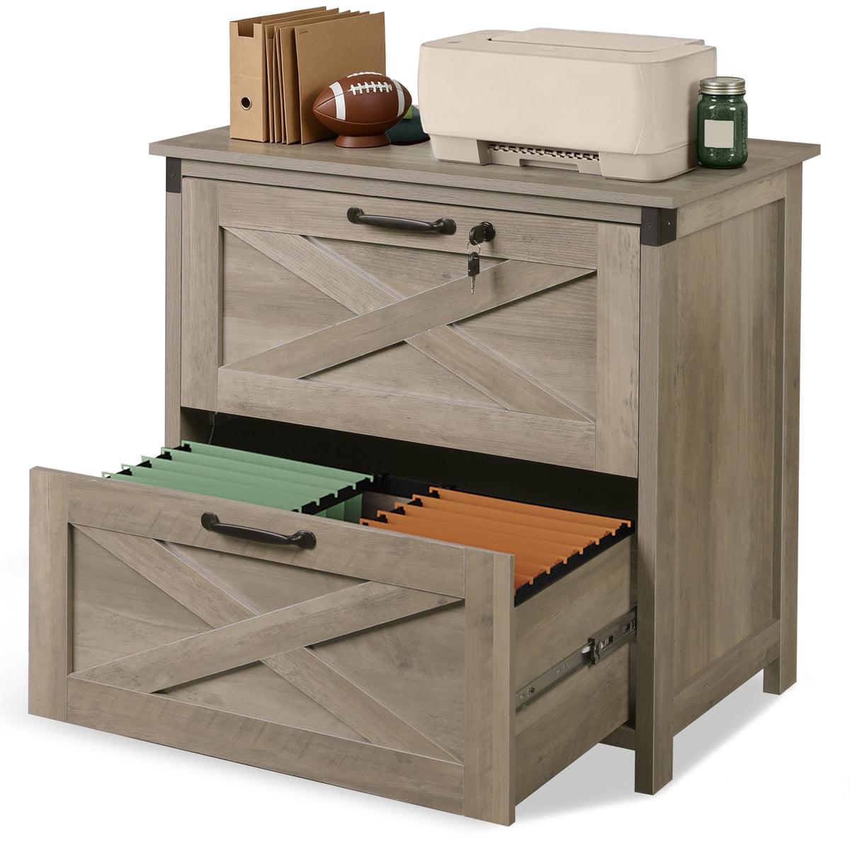 GALAXHERO 2 Drawer Lateral File Cabinet with Lock, Farmhouse Wood Filing Cabinet for Home Office, Fits Letter/Legal/A4, Printer Stand
