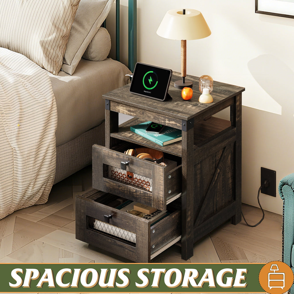 GALAXHERO Nightstand with Charging Station, Farmhouse End Table, Bed Side Table with 2 Storage Drawers and Open Shelf, Wood Rustic Nightstands for Bedroom