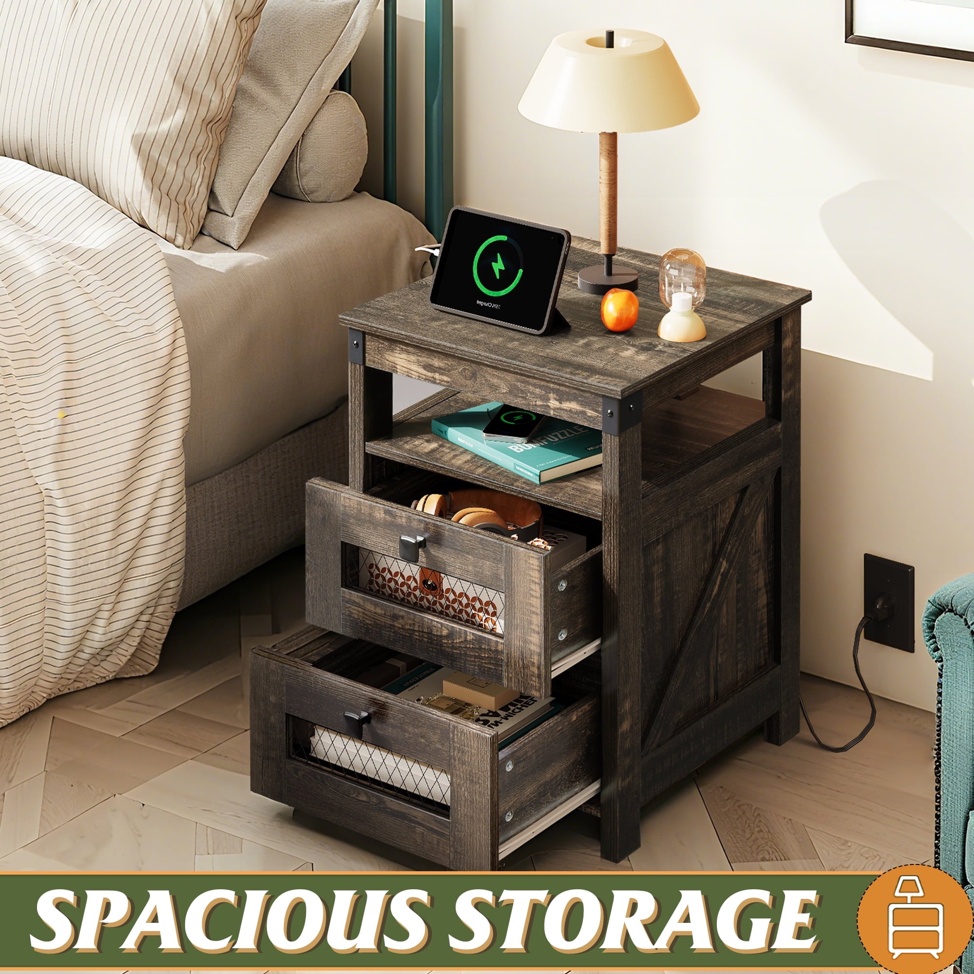 GALAXHERO Nightstand with Charging Station, Farmhouse End Table, Bed Side Table with 2 Storage Drawers and Open Shelf, Wood Rustic Nightstands for Bedroom