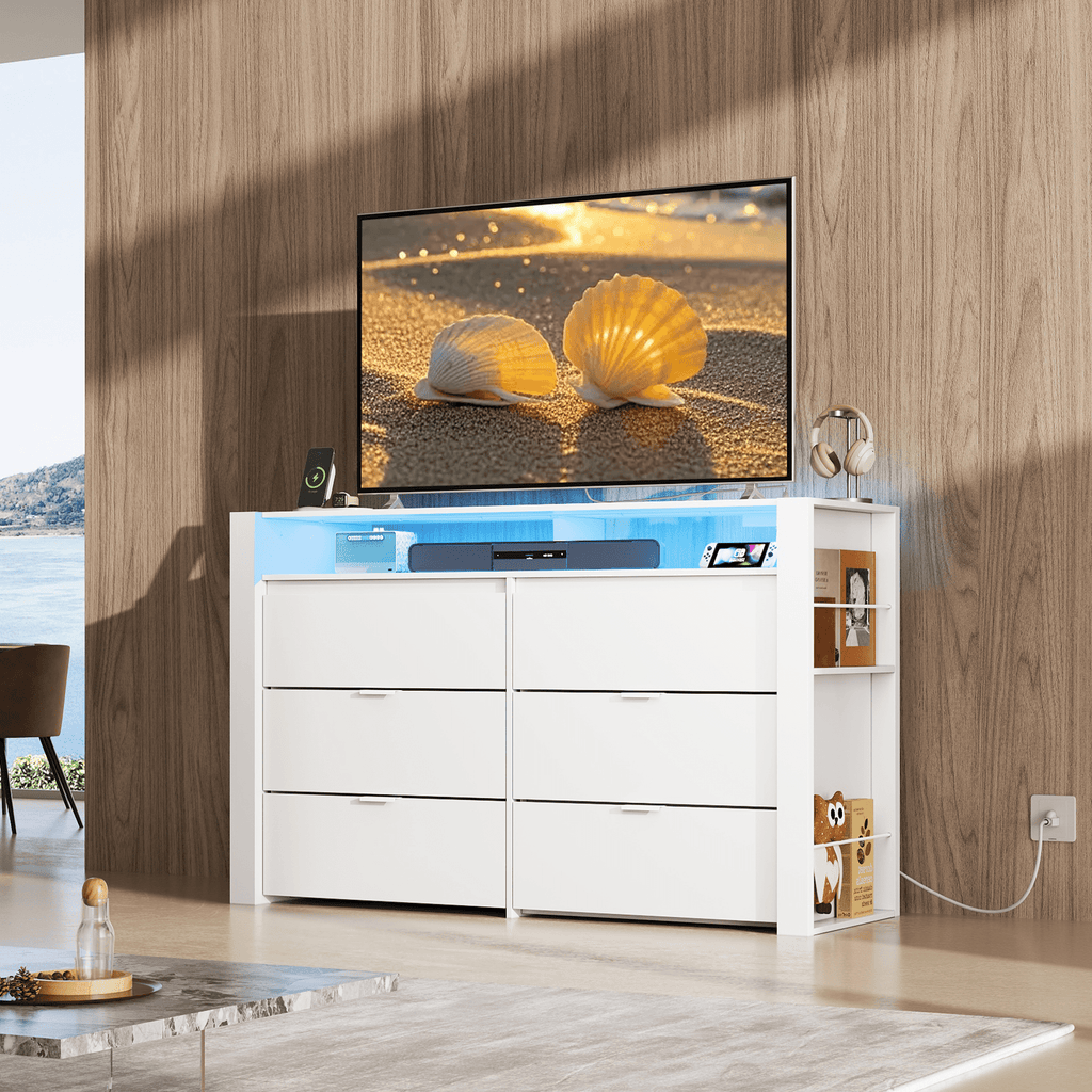 GALAXHERO 6 Drawer Dresser for Bedroom with LED Lights, Double Dresser with Charging Station, Large Wood Chest of Drawers, TV Stand for 55 inch TV for Closet, Living Room