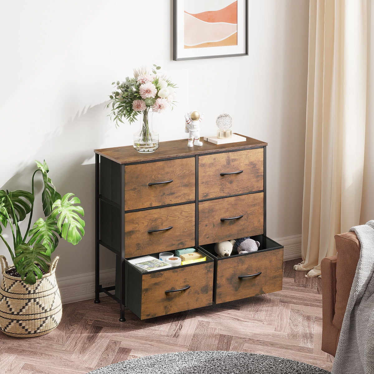 GALAXHERO 6 Drawer Dresser, Black Fabric Double Dresser, Storage Tower with Fabric Bins, Chest of Drawers for Bedroom, Closet, Living Room, Hallway