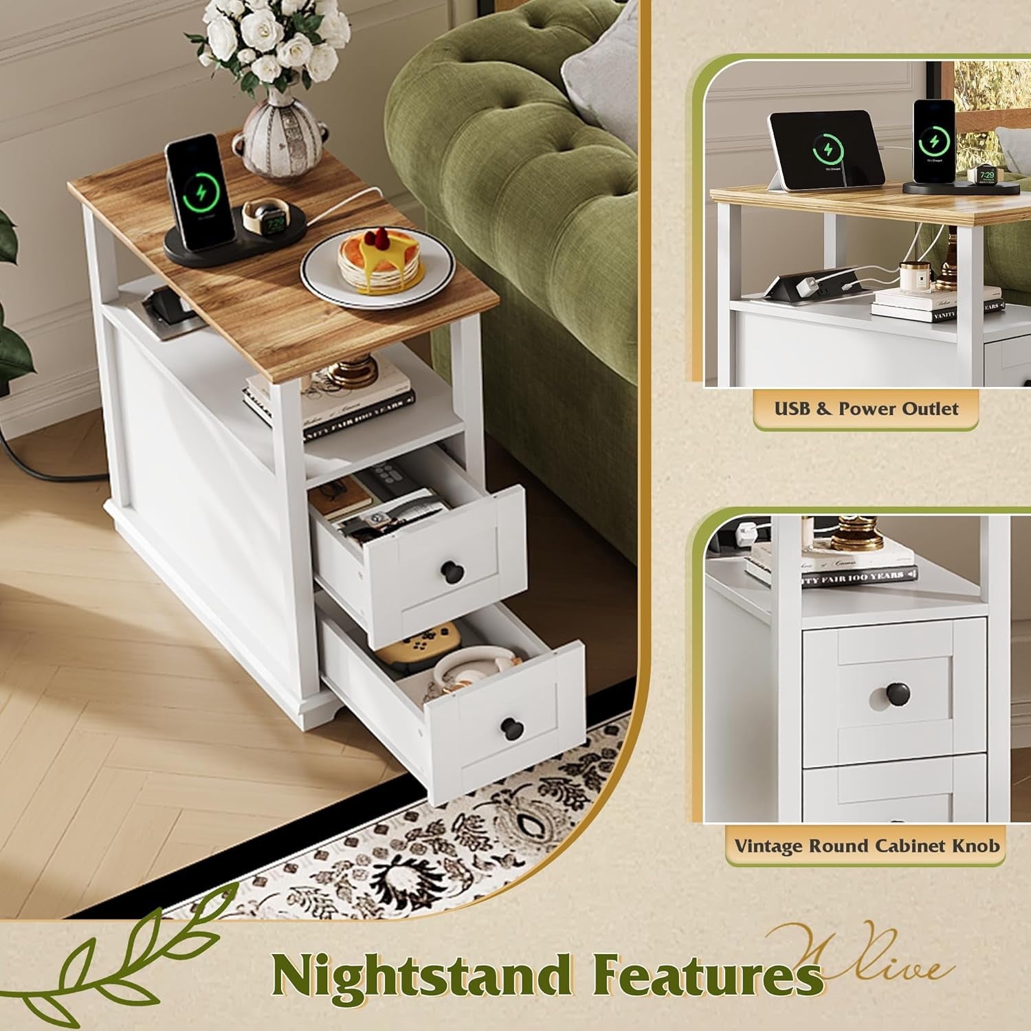 GALAXHERO Narrow Side Table with Charging Station Wooden End Table with 2 Drawers for Living Room, Bedroom, Small Space