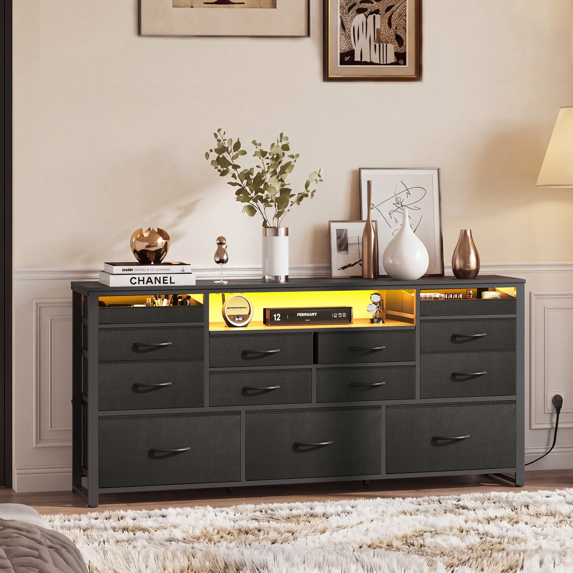 GALAXHERO 13 Drawers Dresser for Bedroom, TV Stand for 65'' TV with LED Lights, Entertainment Center with Charging Station, Fabric Chest of Drawers for Living Room, Entryway