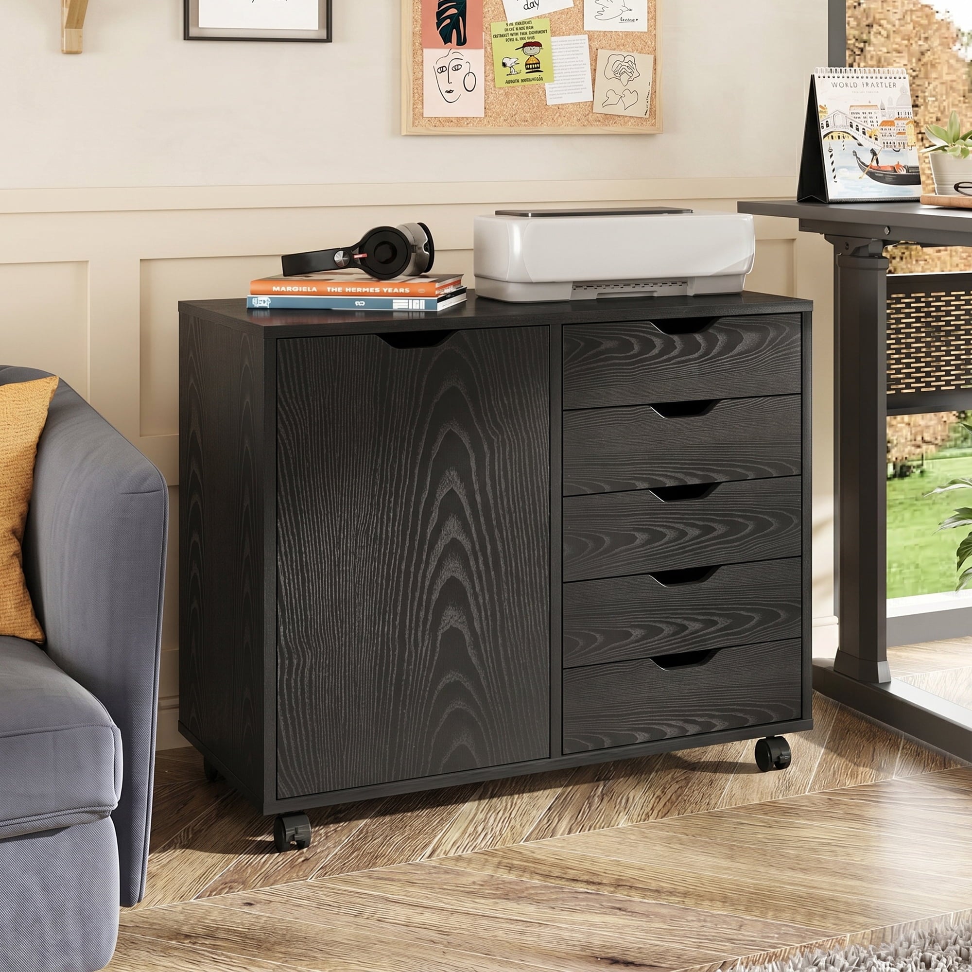 GALAXHERO 5-Drawer Storage Cabinet, Mobile Printer Stand Filing Cabinet for Home Office Cabinet, Wood File Cabinet