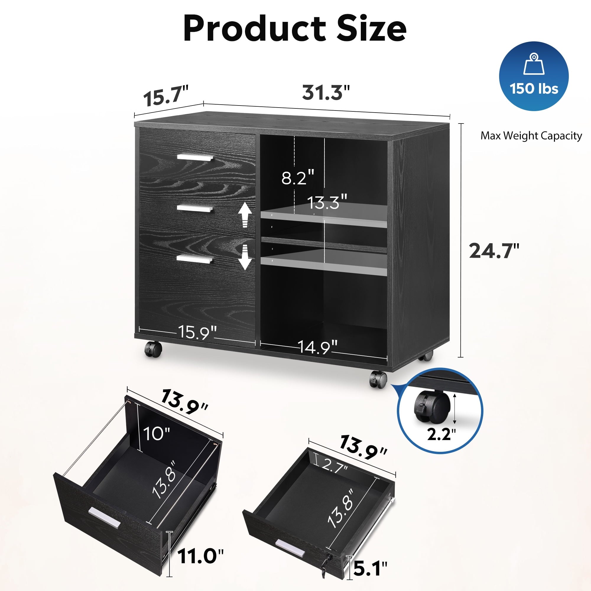 GALAXHERO 3-Drawer Wood Lateral Filing Cabinet, Mobile Printer Stand with Open Shelves for Home Office, Black