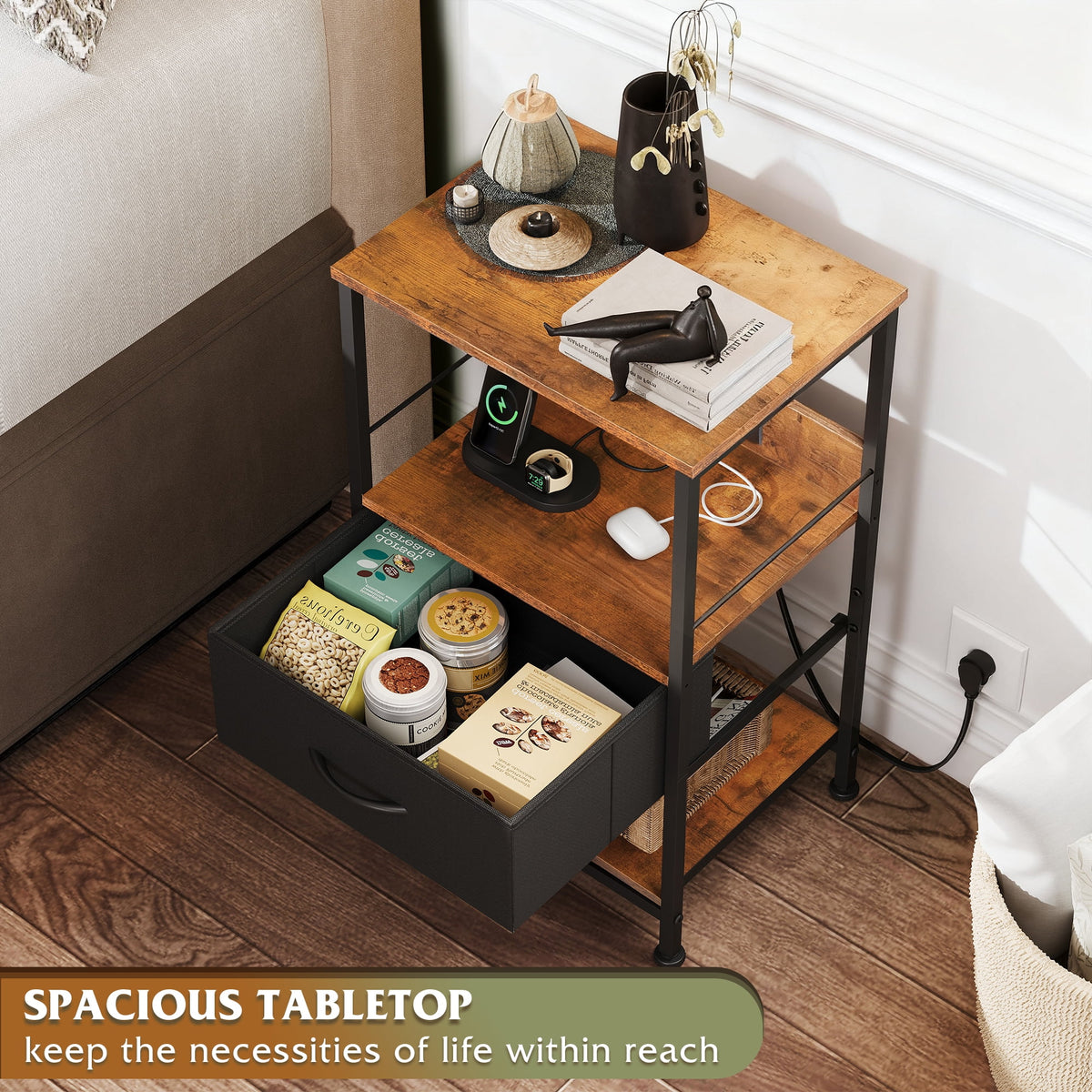 GALAXHERO LED Nightstand with Charging Station, Small Dresser with Drawer and Storage Shelfs for Bedroom