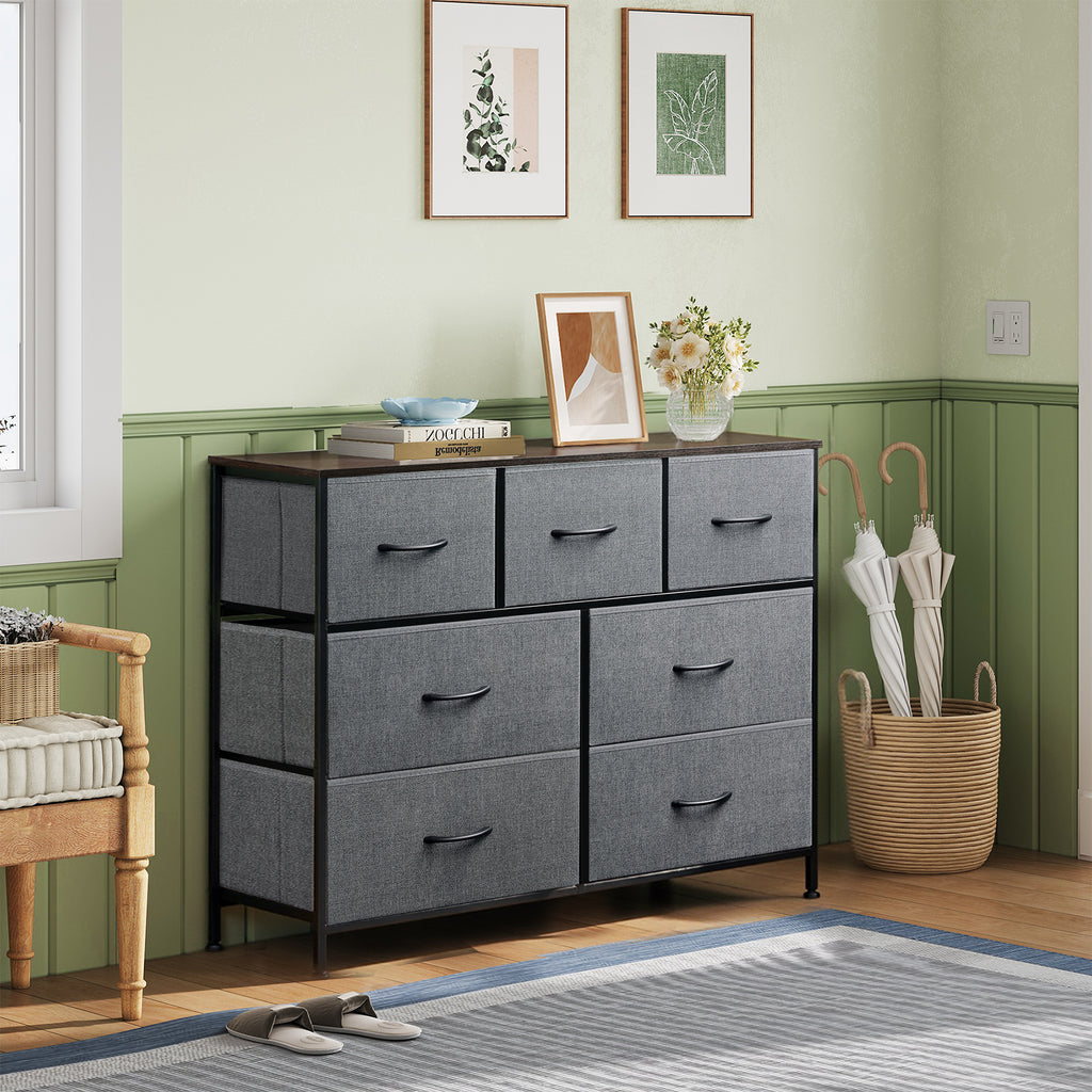 GALAXHERO 7 Drawer Dresser, TV Stands for 45" TV, Chest of Drawers with Fabric Bin for Bedroom, Living Room, Entryway