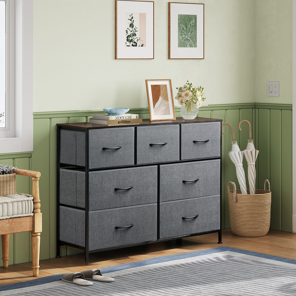 GALAXHERO 7 Drawer Dresser, TV Stands for 45" TV, Chest of Drawers with Fabric Bin for Bedroom, Living Room, Entryway