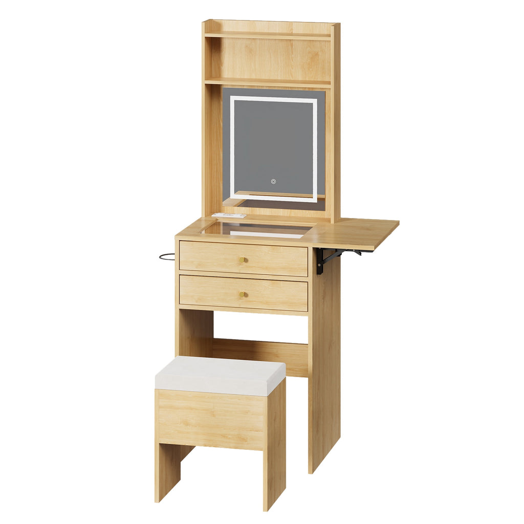 GALAXHERO Vanity Desk with Lighted Mirror and Glass Top, Makeup Vanity Chair with Storage, Fold-up Panel, 2 Drawers Dressing Table for Bedroom