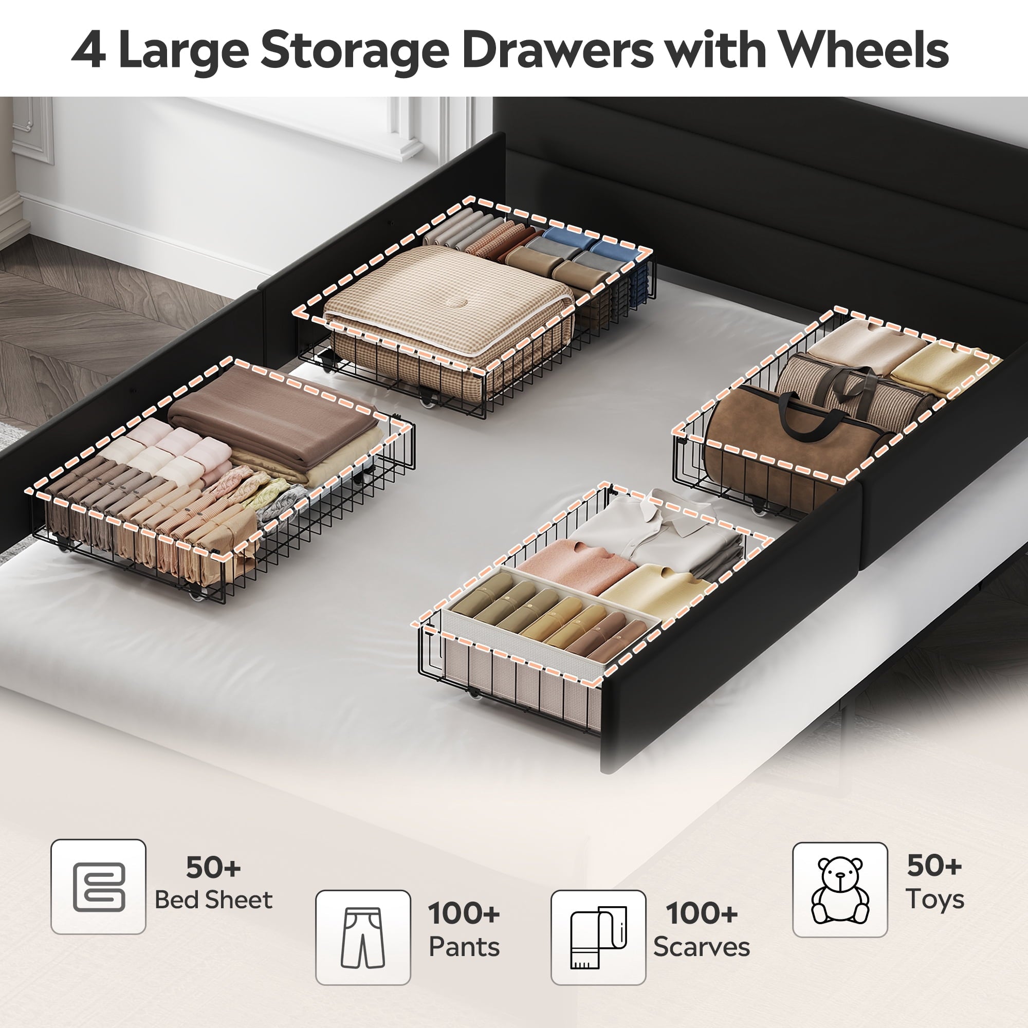 GALAXHERO King Size Upholstered Bed Frame with 4 Storage Drawers and Headboard, Velvet Platform Bedframe, Sturdy Metal & Wooden Slats Support, No Box Spring Needed, Easy Assembly