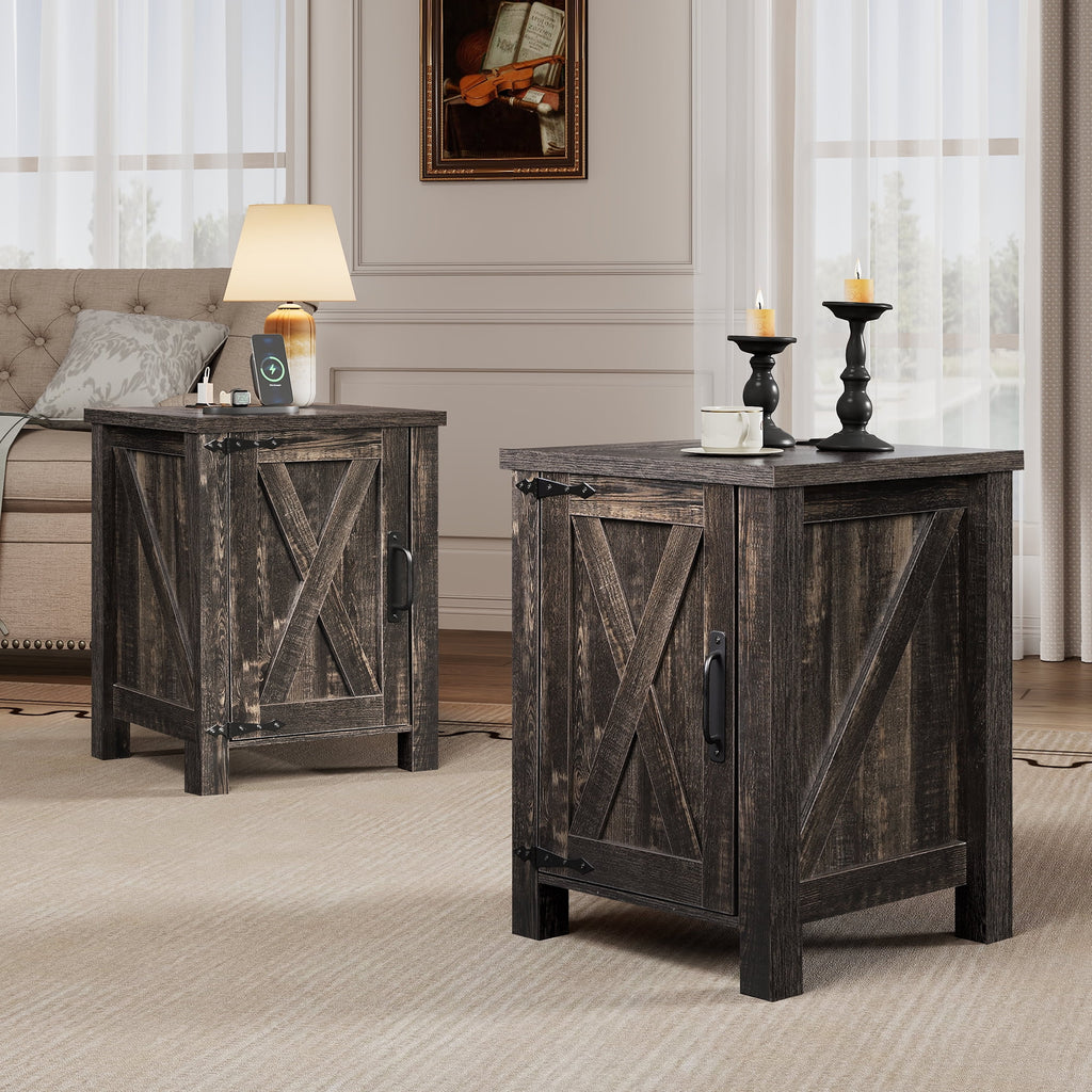 GALAXHERO Nightstand with Charging Station, Farmhouse Narrow Side Table with Barn Door, Wooden Bedside Table for Bedroom, End Tables for Living Room