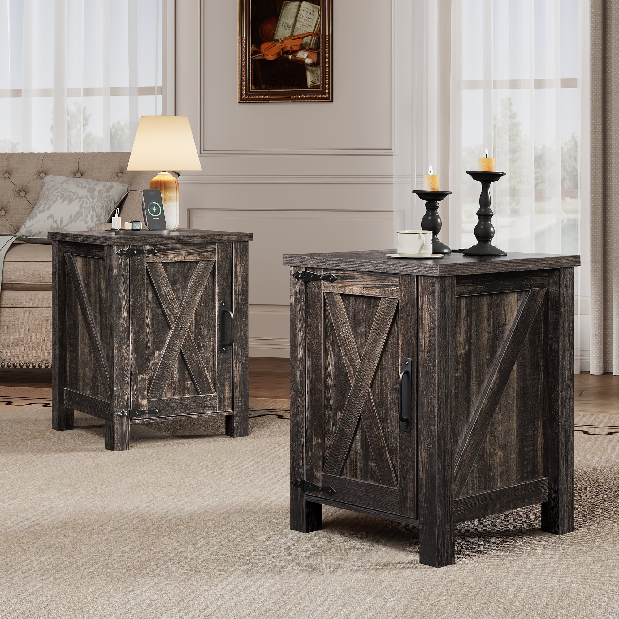 GALAXHERO Nightstand with Charging Station, Farmhouse Narrow Side Table with Barn Door, Wooden Bedside Table for Bedroom, End Tables for Living Room