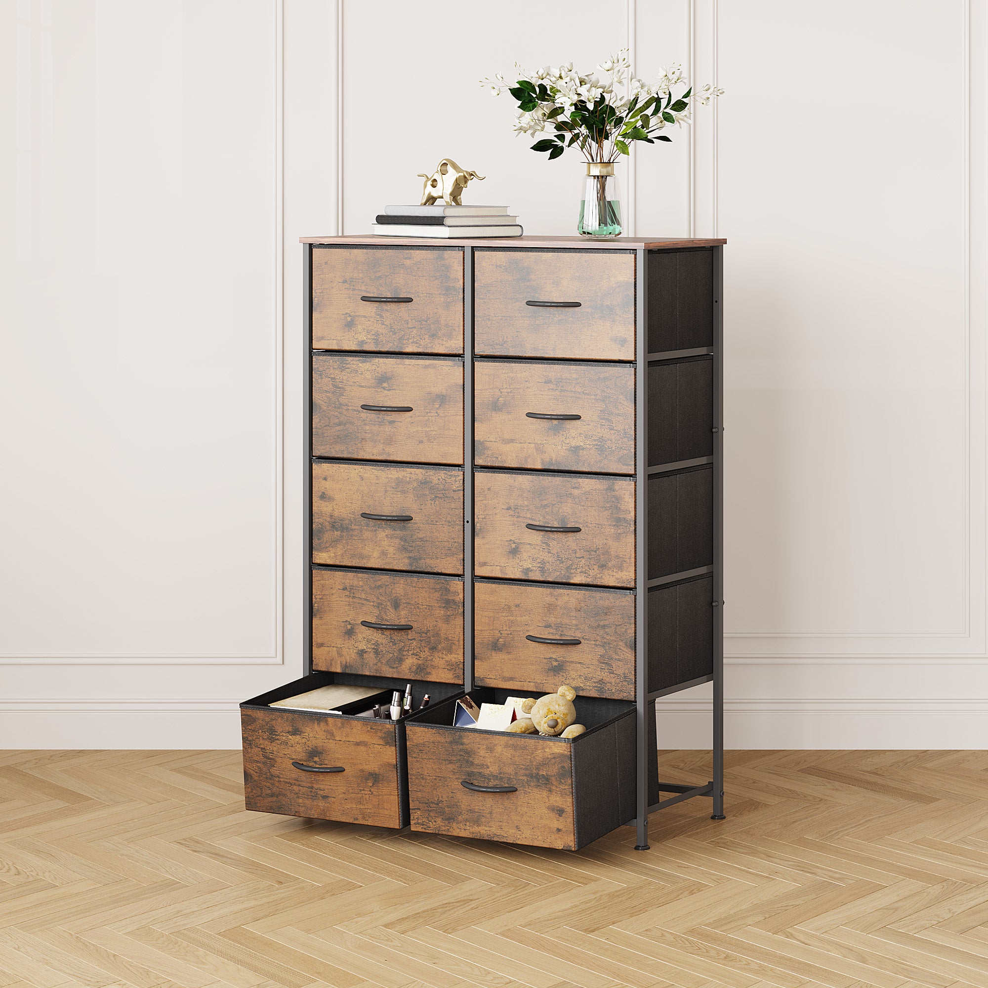 GALAXHERO Tall Dresser 10 Fabric Drawers, Storage Tower with Cabinet, Metal Frame, Wooden Top, Organizer Units for Bedroom, Living Room, Closet, Clothing